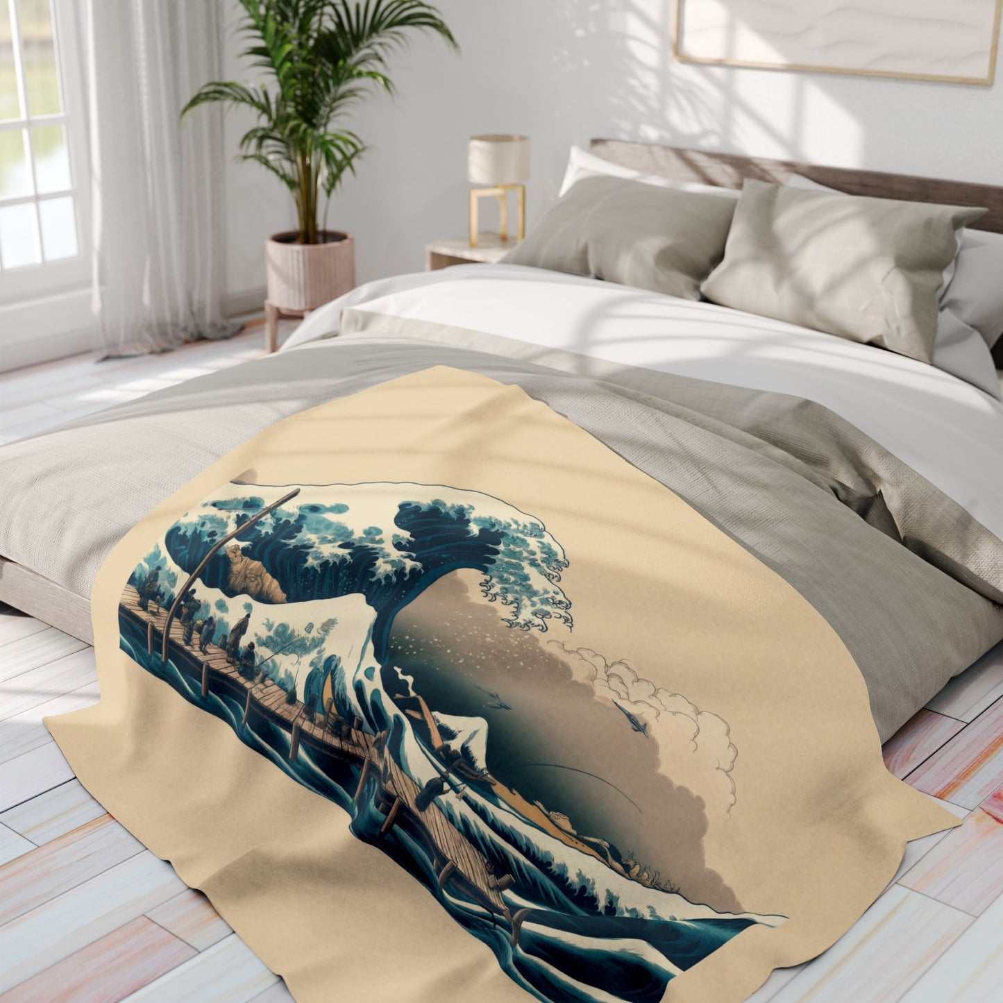 Hokusai Great Wave over Pier - Arctic Fleece Blanket 50"x60"