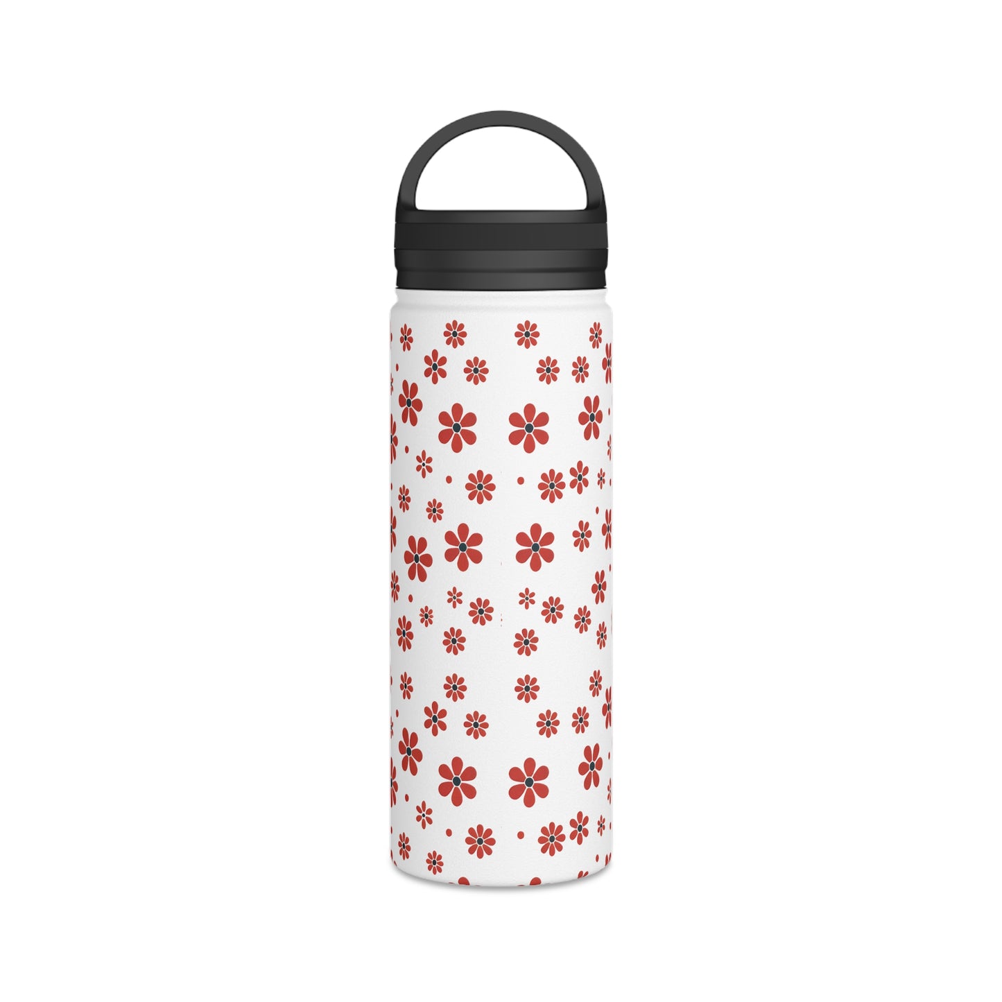 Floral Polka Dots in Red Blossoms - Steel Water Bottle Tumbler, Handle Lid