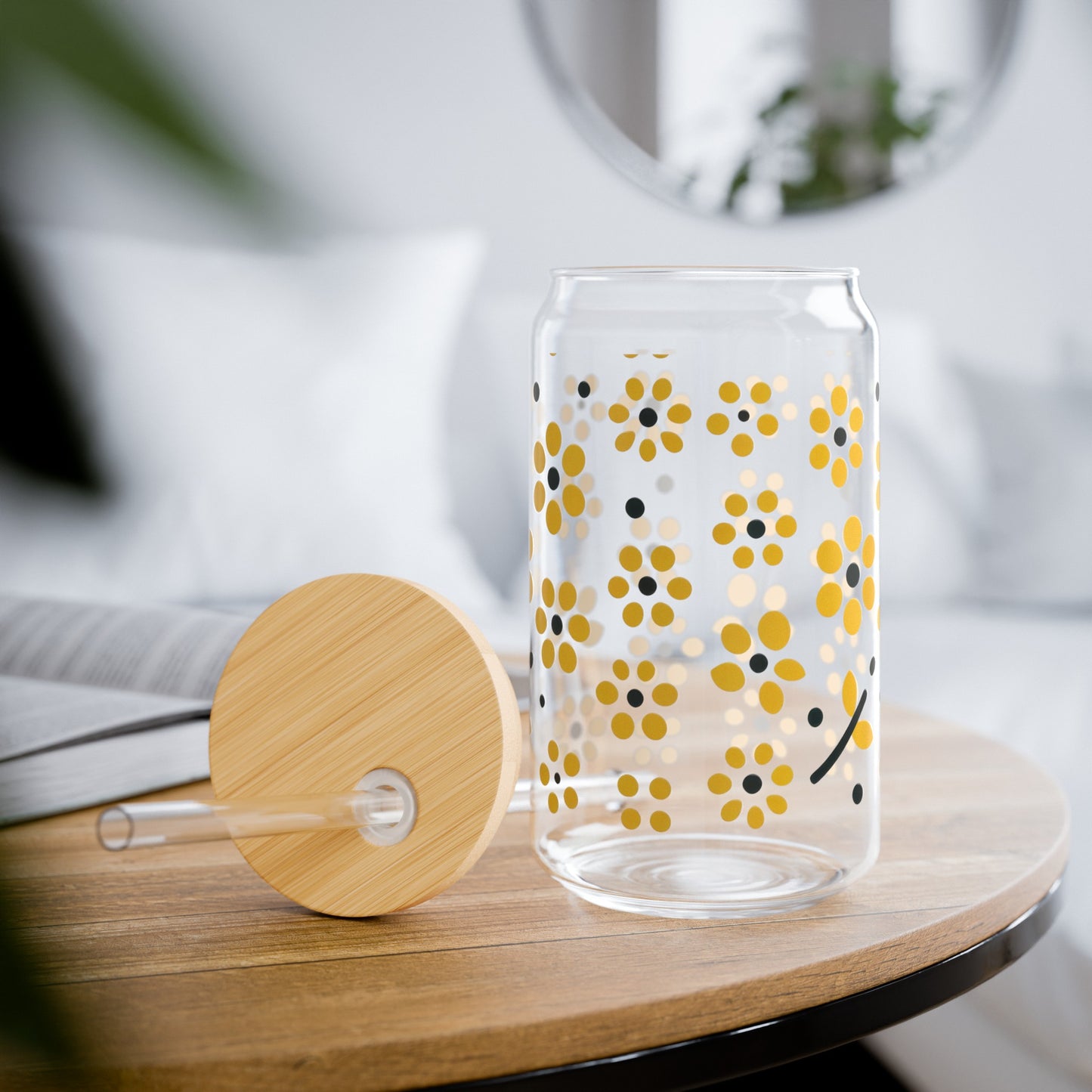 Floral Polka Dots in Yellow Sipper Glass, 16oz