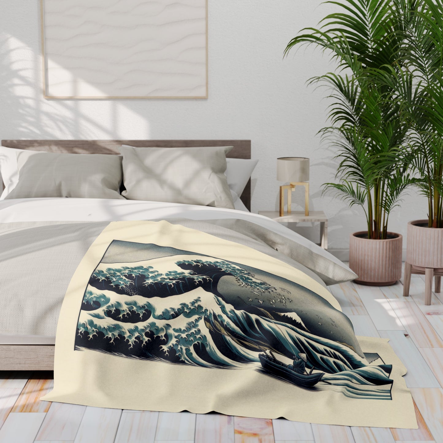 Hokusai Great Wave with Fisherman - Arctic Fleece Blanket 50"x60"