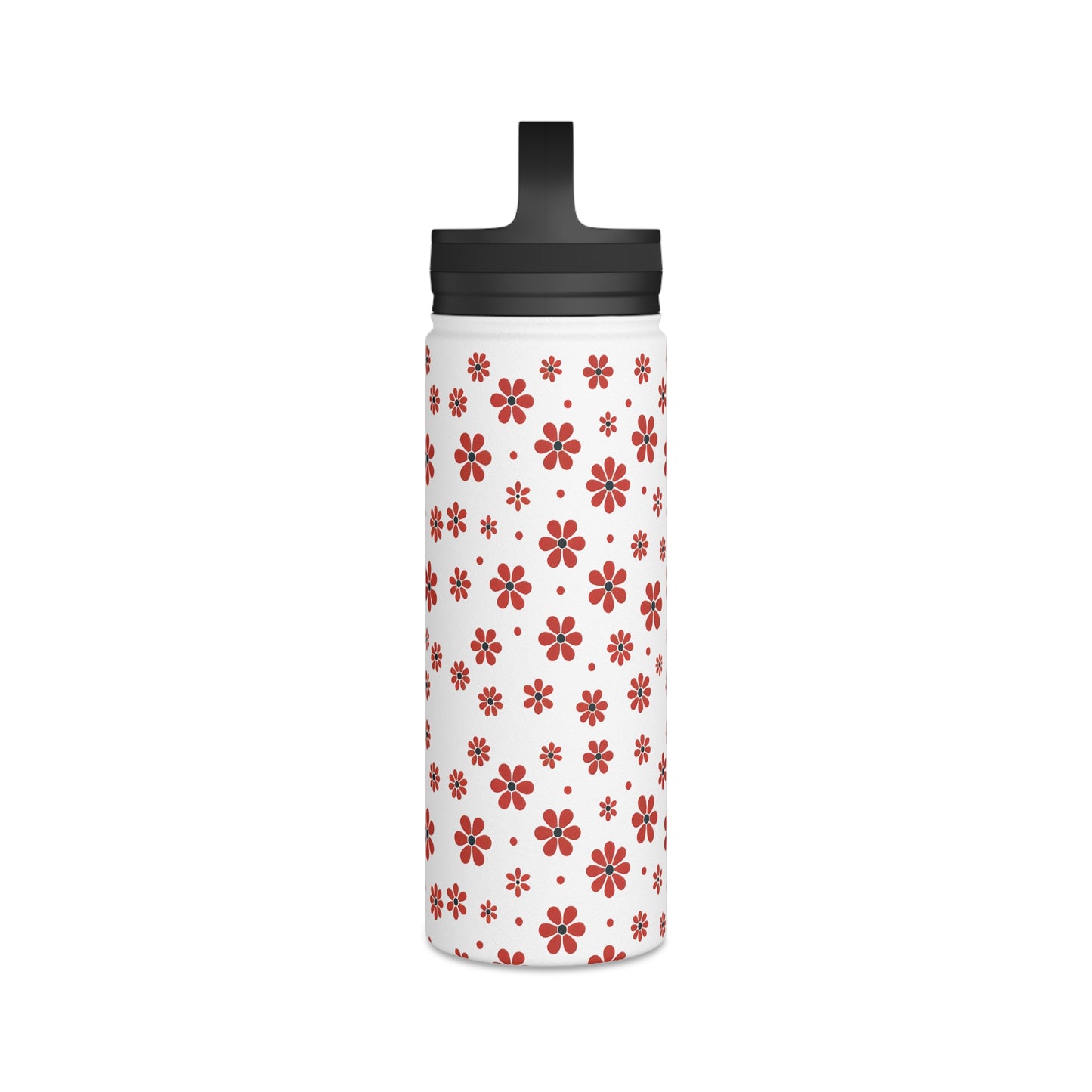 Floral Polka Dots in Red Blossoms - Steel Water Bottle Tumbler, Handle Lid