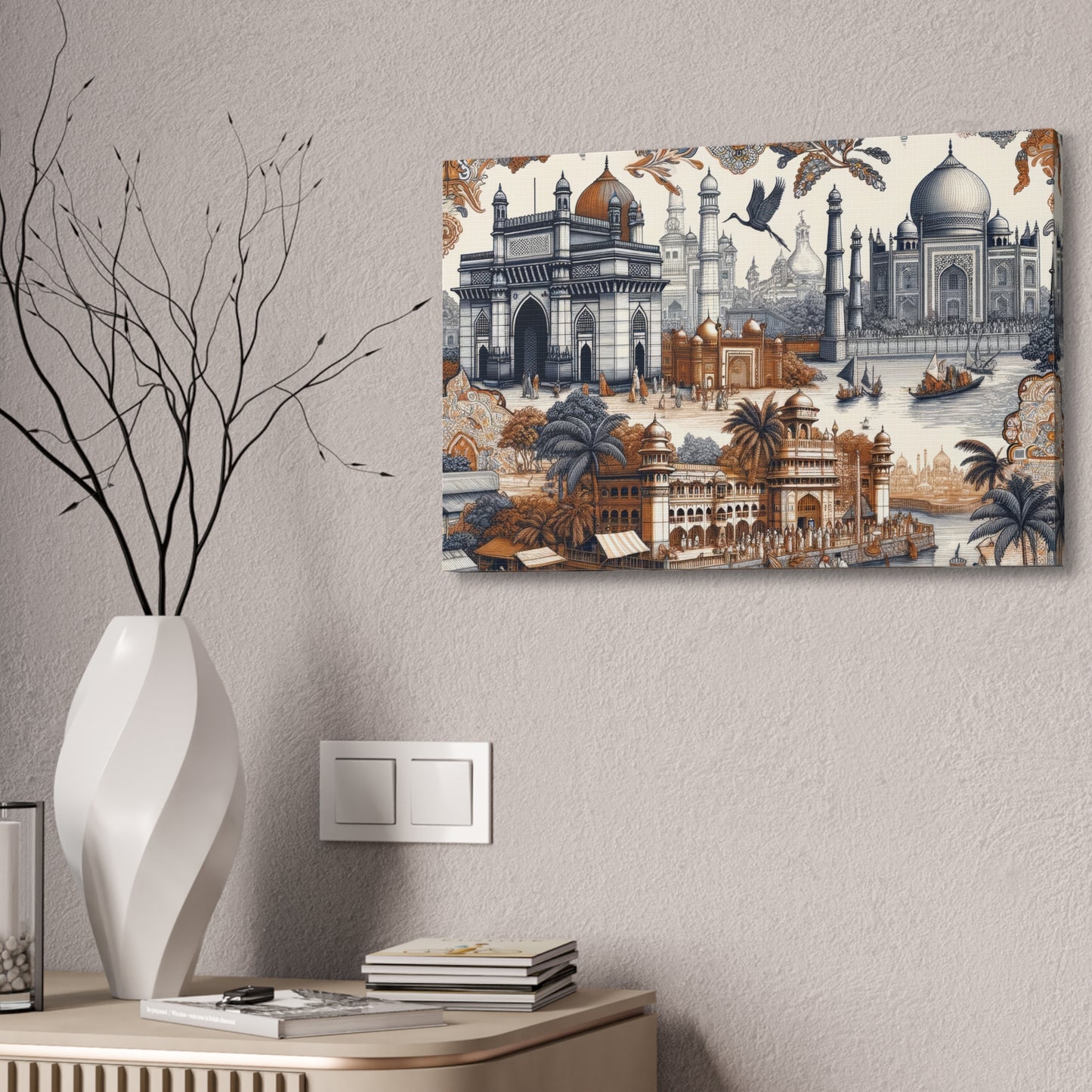 Mumbai and Taj Mahal India Art on Canvas Stretched: 12"x8", 24"x16, 40"x30" Sizes