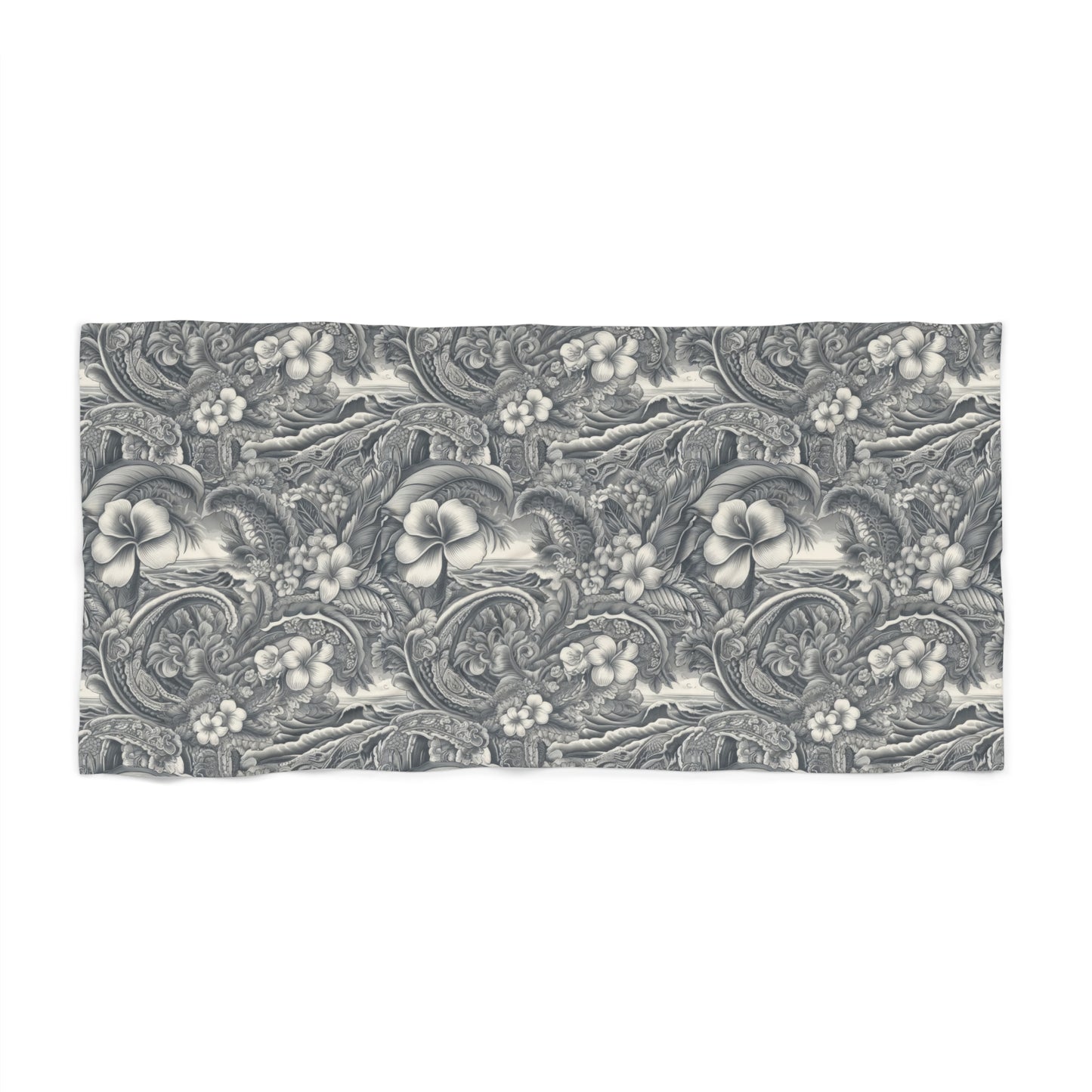 Hawaiian Vintage Floral Paisley Beach Towel — Gray Hibiscus Pattern