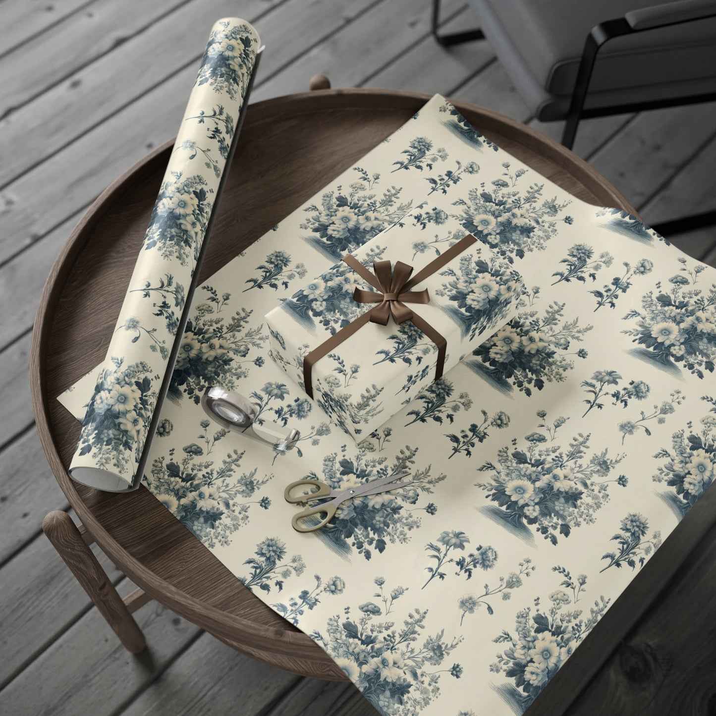 Bouquet Toile de Jouy in Light Cerulean and Ecru Wrapping Paper 30"x 72"