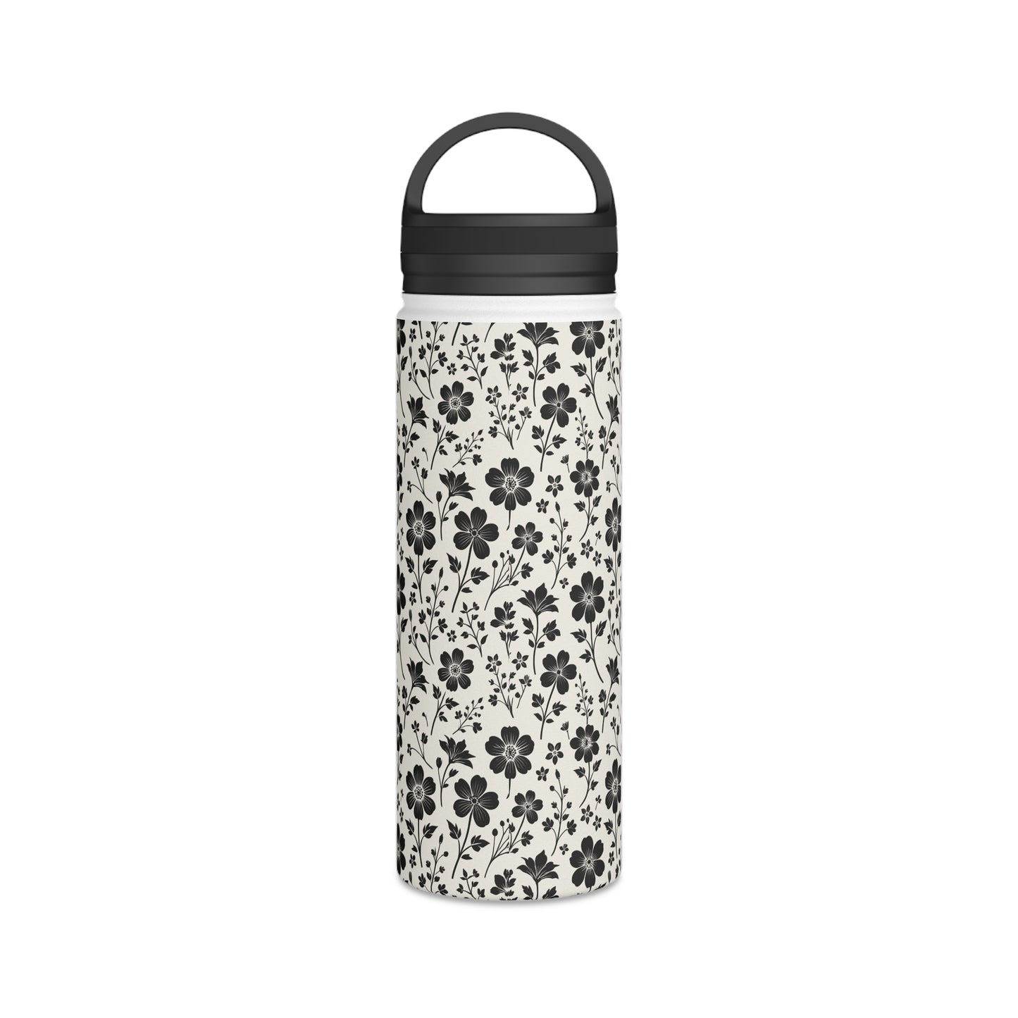 Floral Black - Steel Water Bottle Tumbler, Handle Lid