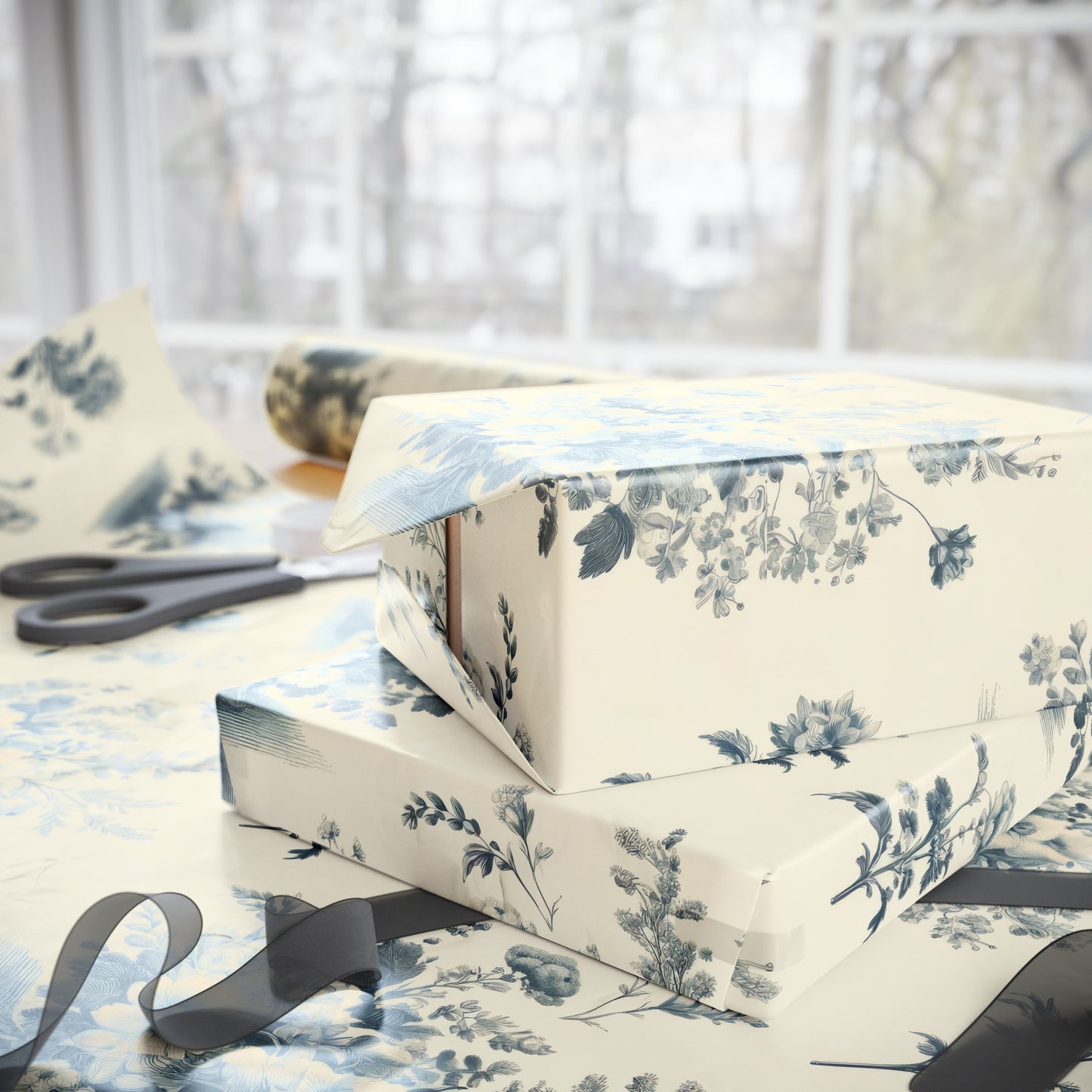 Bouquet Toile de Jouy in Light Cerulean and Ecru Wrapping Paper 30"x 72"