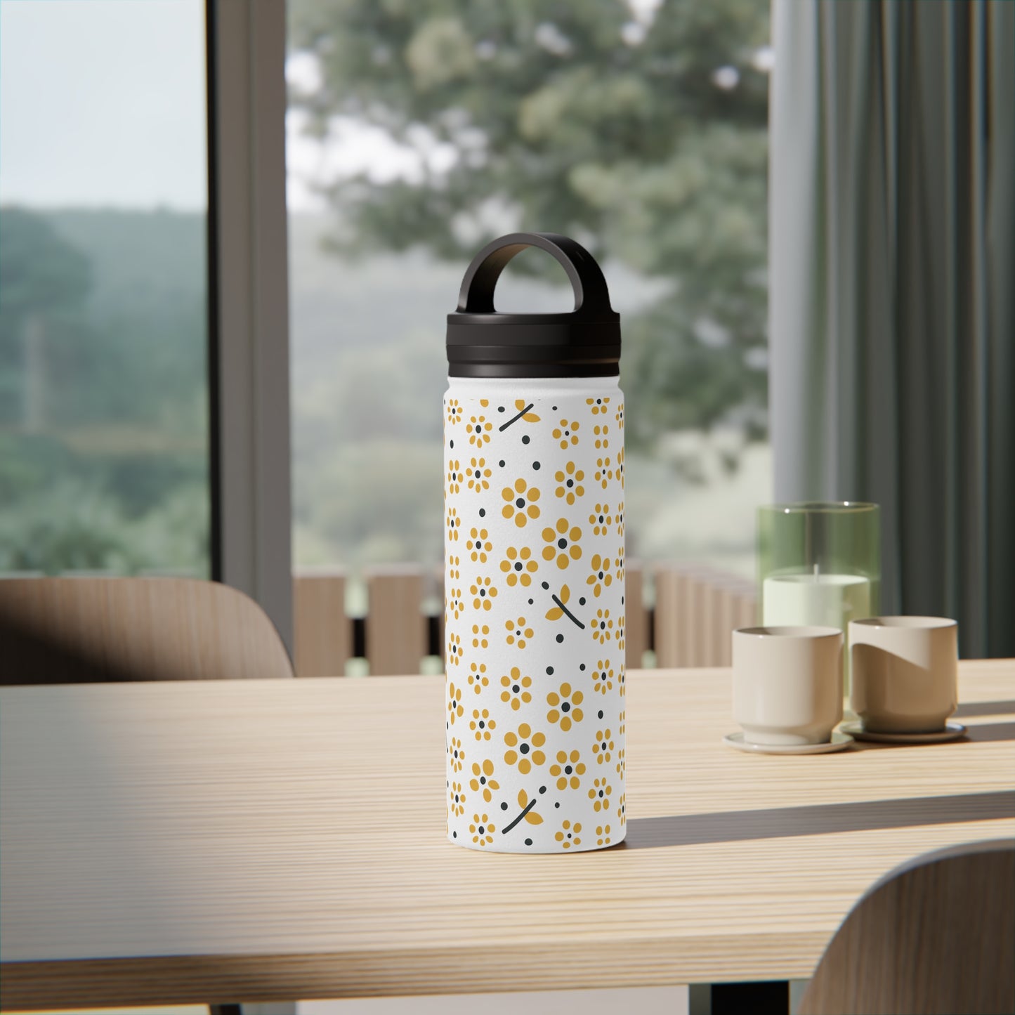 Floral Polka Dots in Yellow - Steel Water Bottle Tumbler, Handle Lid