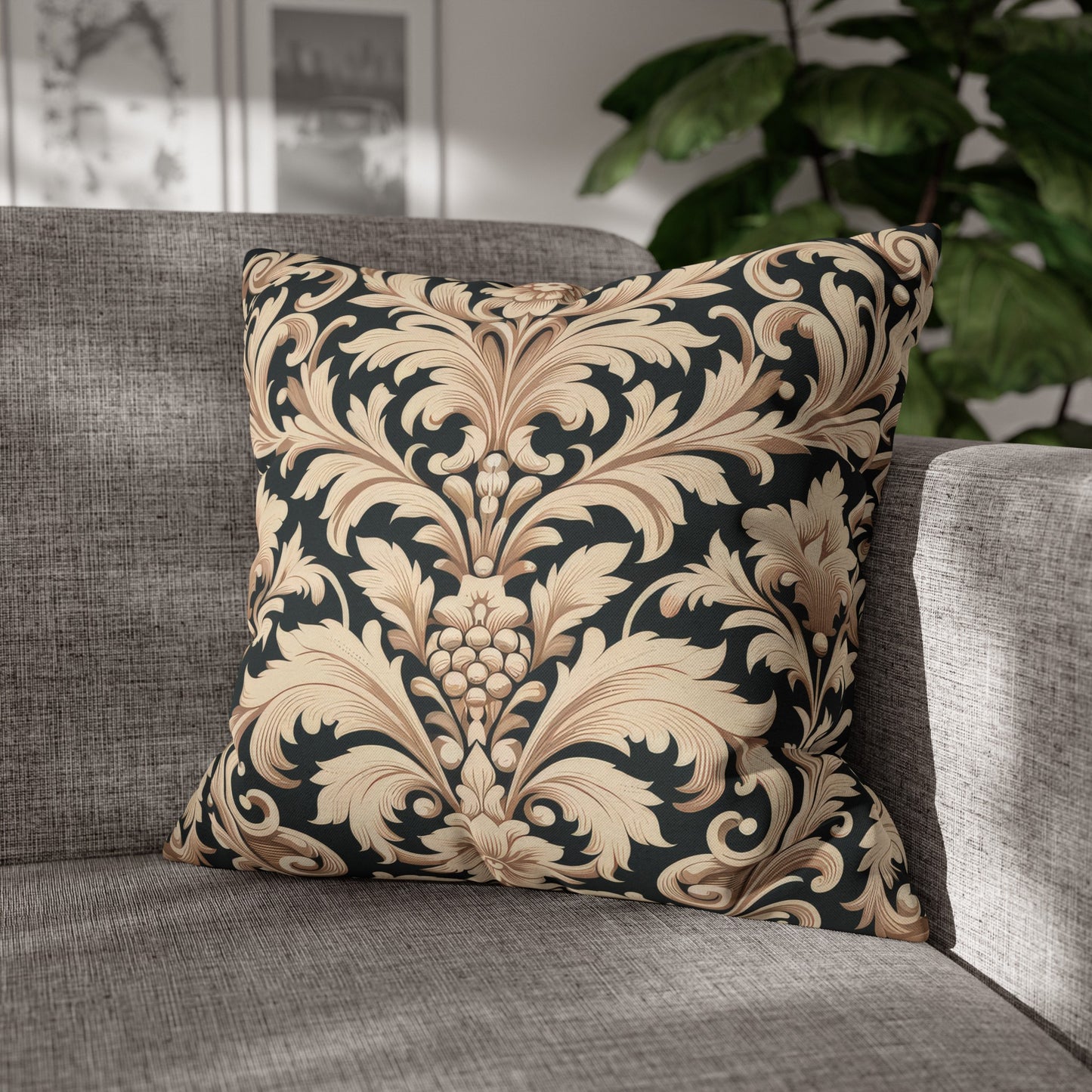 Damask in Light Brown and Black Spun Polyester Square Pillowcase Only