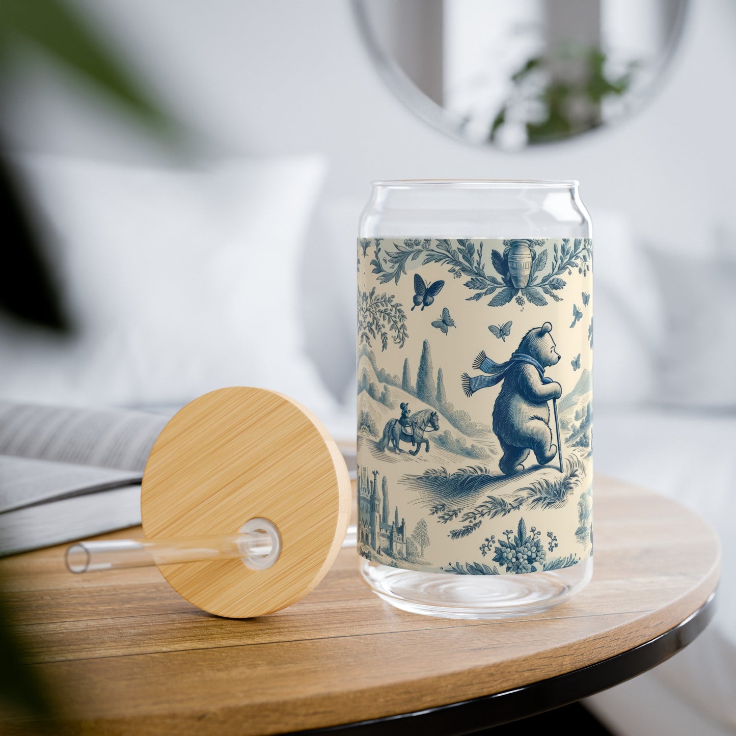 Winnie the Pooh On a Journey in Toile de Jouy Sipper Glass, 16oz