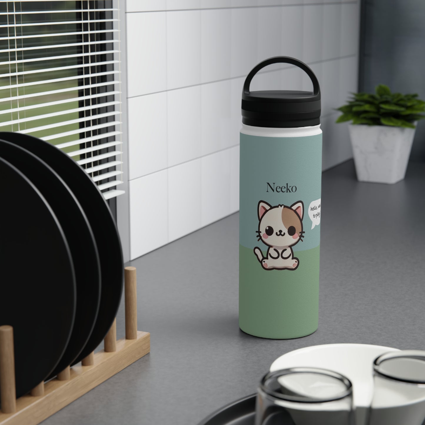 Neeko the Kitty Cat - Kawaii Designs - Steel Water Bottle Tumbler, Handle Lid