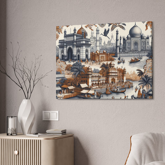 Mumbai and Taj Mahal India Art on Canvas Stretched: 12"x8", 24"x16, 40"x30" Sizes