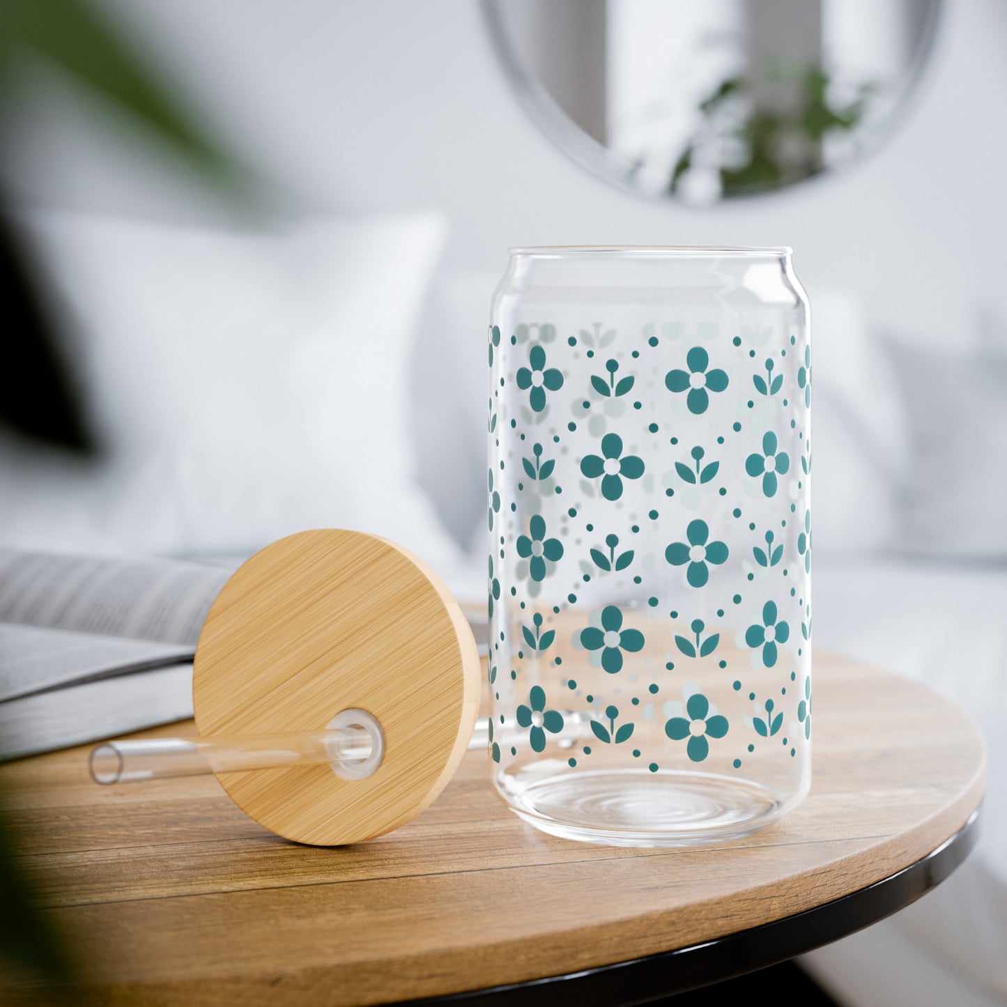 Floral Polka Dots in Turquoise Sipper Glass, 16oz