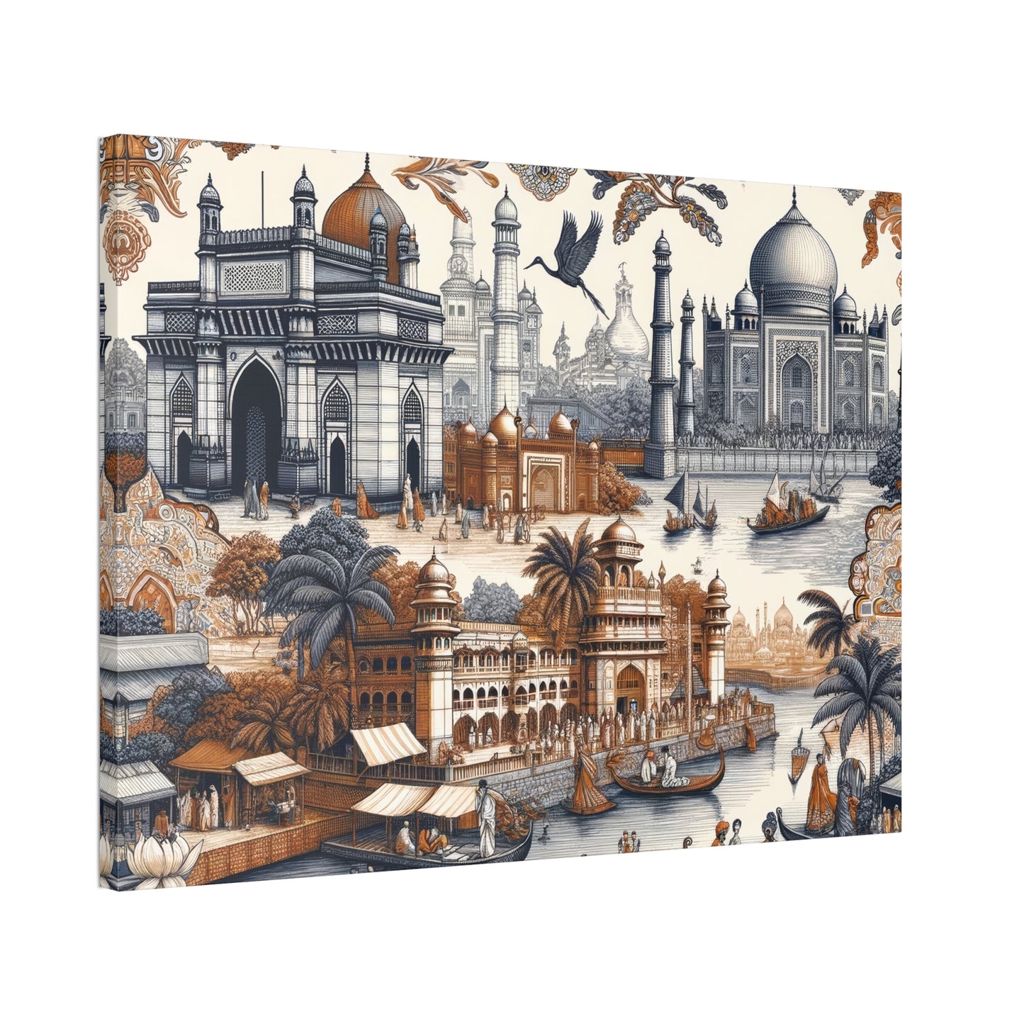 Mumbai and Taj Mahal India Art on Canvas Stretched: 12"x8", 24"x16, 40"x30" Sizes