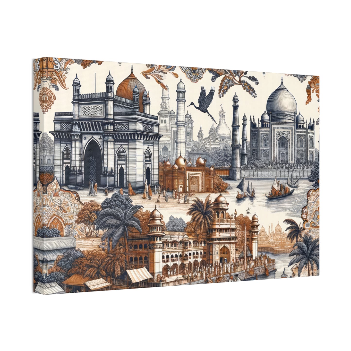 Mumbai and Taj Mahal India Art on Canvas Stretched: 12"x8", 24"x16, 40"x30" Sizes