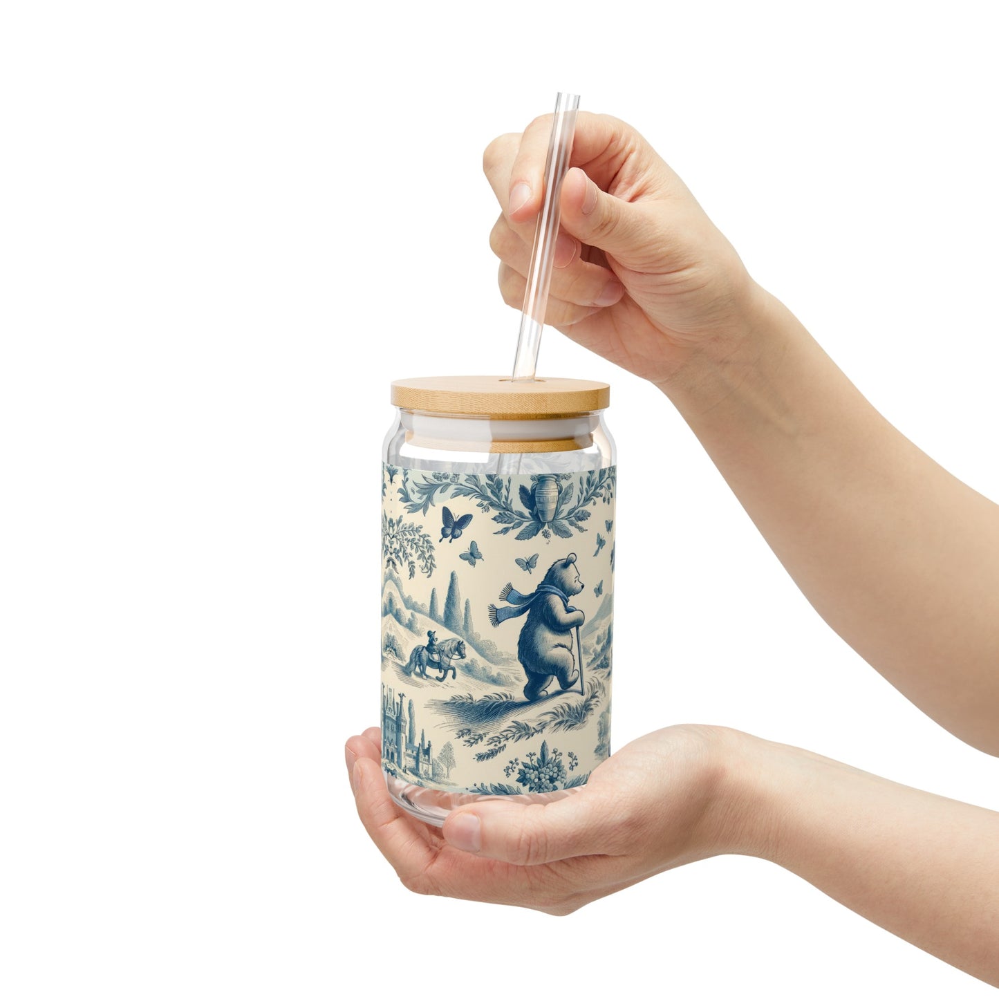 Winnie the Pooh On a Journey in Toile de Jouy Sipper Glass, 16oz