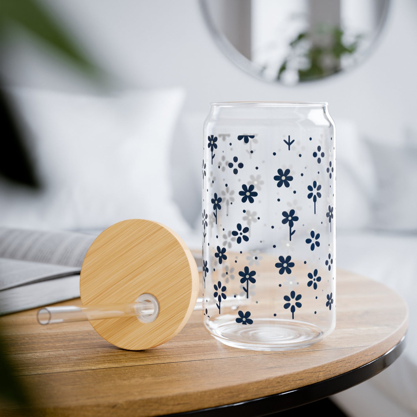 Floral Polka Dots in Dark Navy Blue Sipper Glass, 16oz