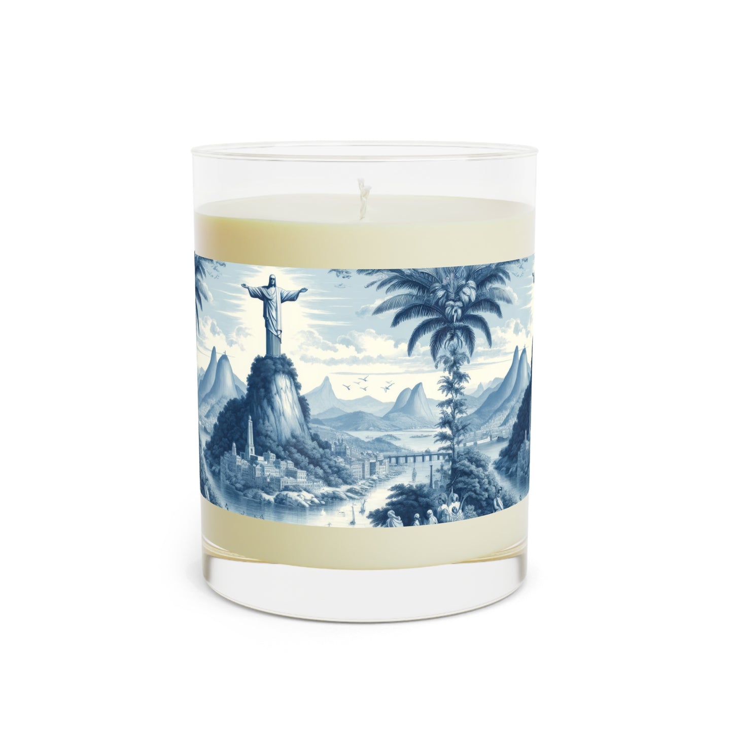 Rio de Janeiro Christ the Redeemer in Toile de Jouy Scented Candle - Premium Design Printed On 11oz Glass, Not a Sticker Label