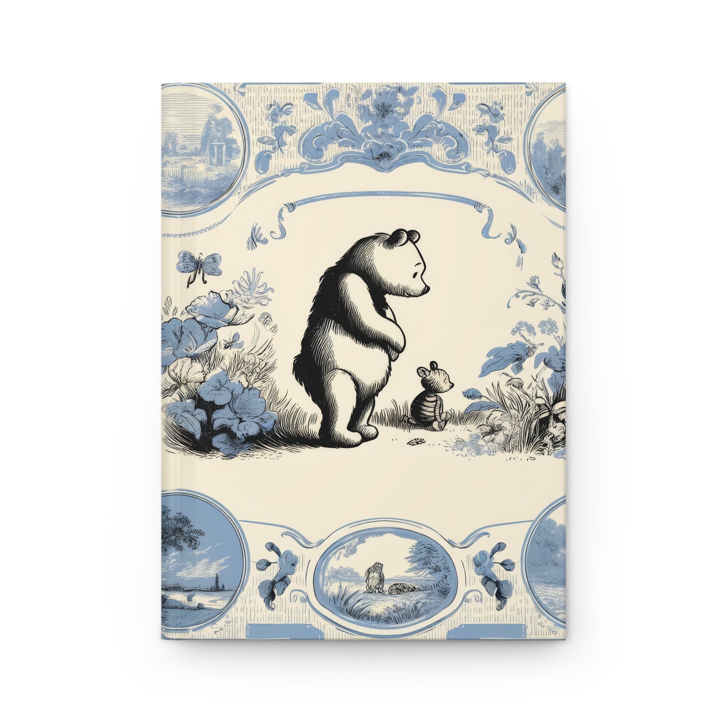 Winnie the Pooh and Roo Looking at Flowers in Toile de Jouy - Hardcover Journal Notebook Matte