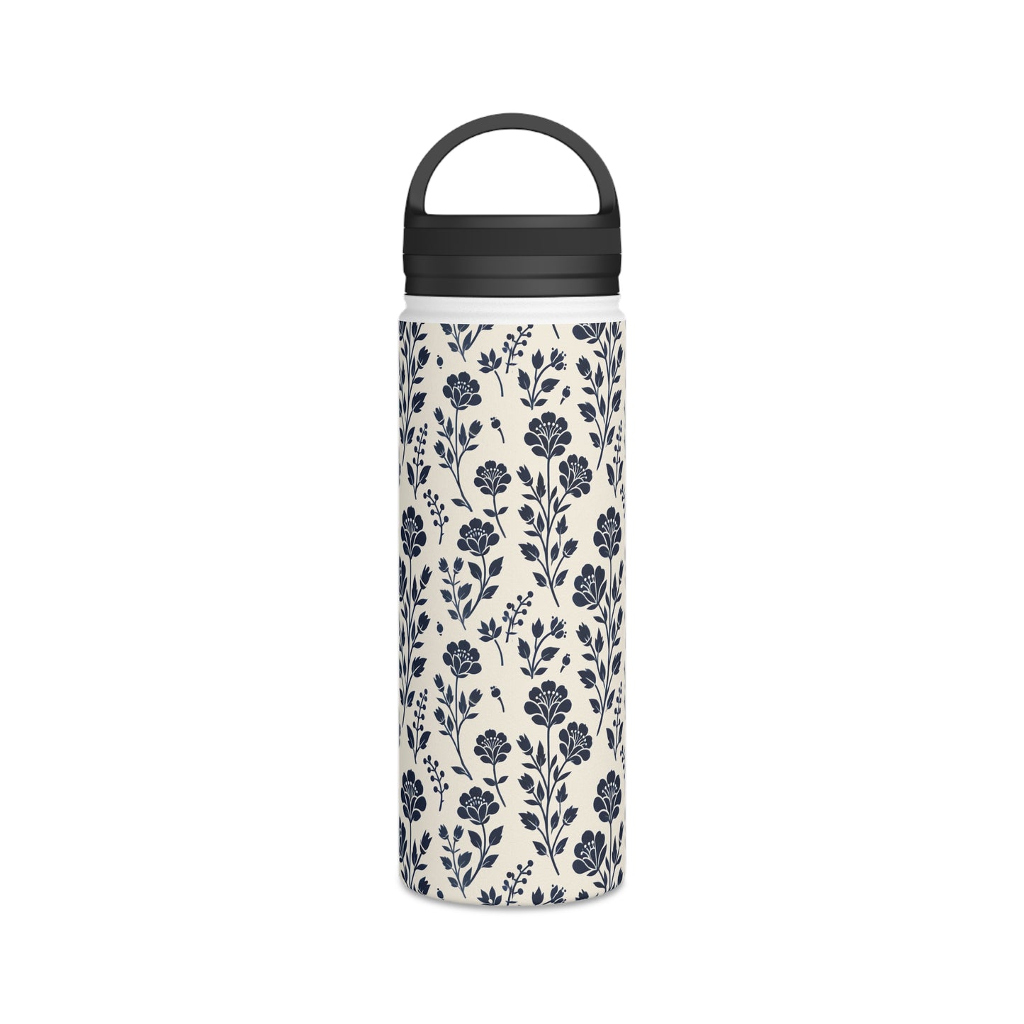 Floral Navy Blue - Steel Water Bottle Tumbler, Handle Lid