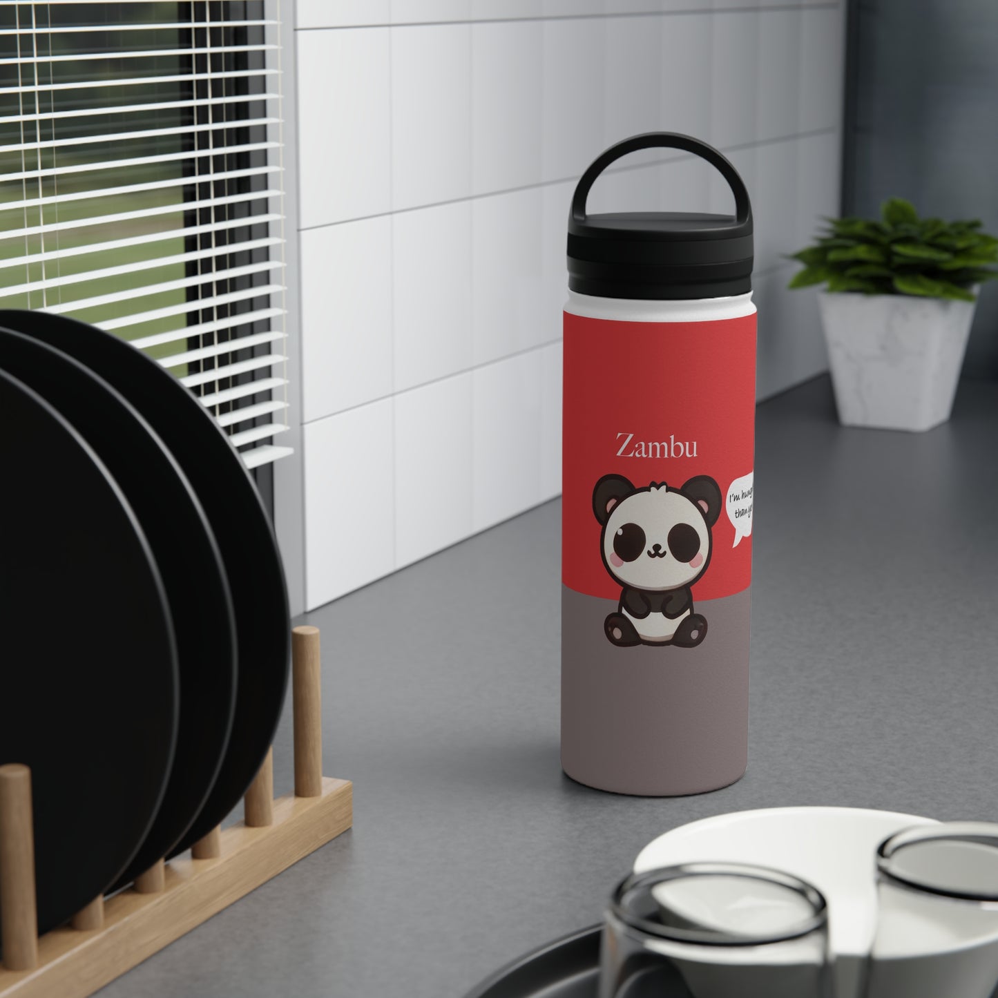 Zambu the Panda - Kawaii Designs - Steel Water Bottle Tumbler, Handle Lid