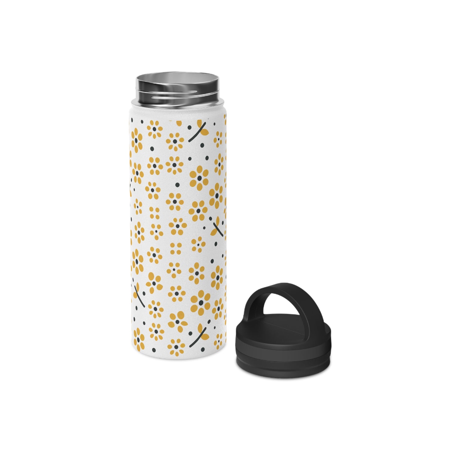 Floral Polka Dots in Yellow - Steel Water Bottle Tumbler, Handle Lid