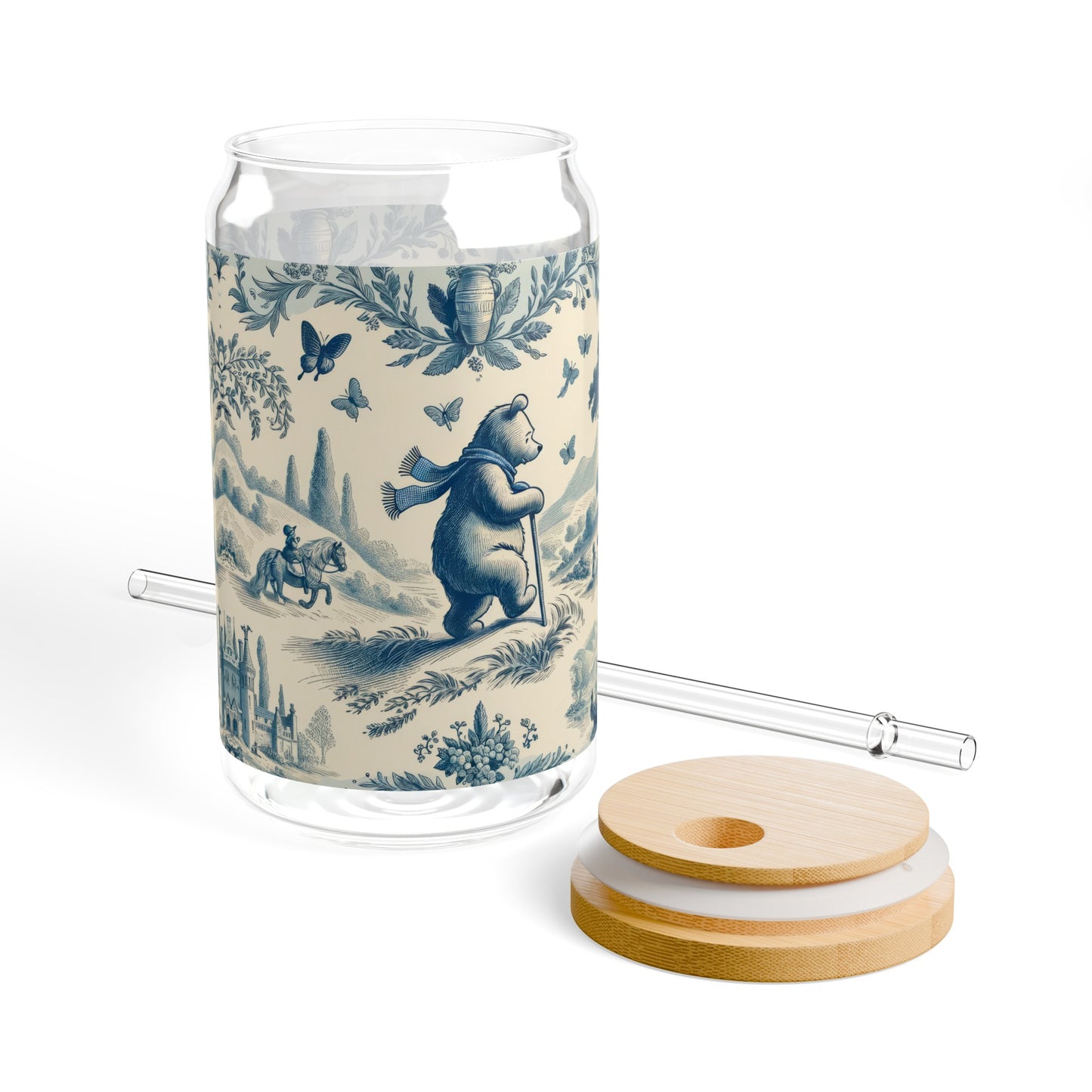 Winnie the Pooh On a Journey in Toile de Jouy Sipper Glass, 16oz