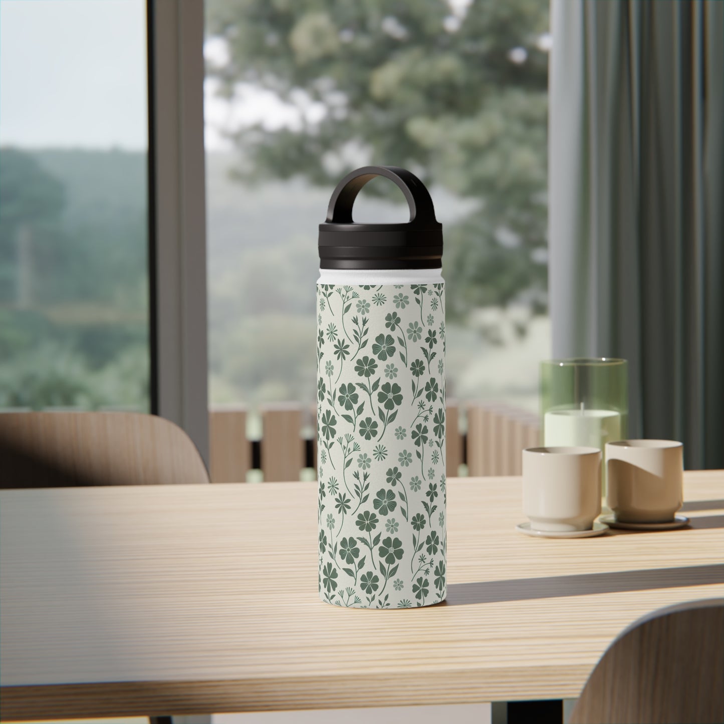 Floral Green - Steel Water Bottle Tumbler, Handle Lid