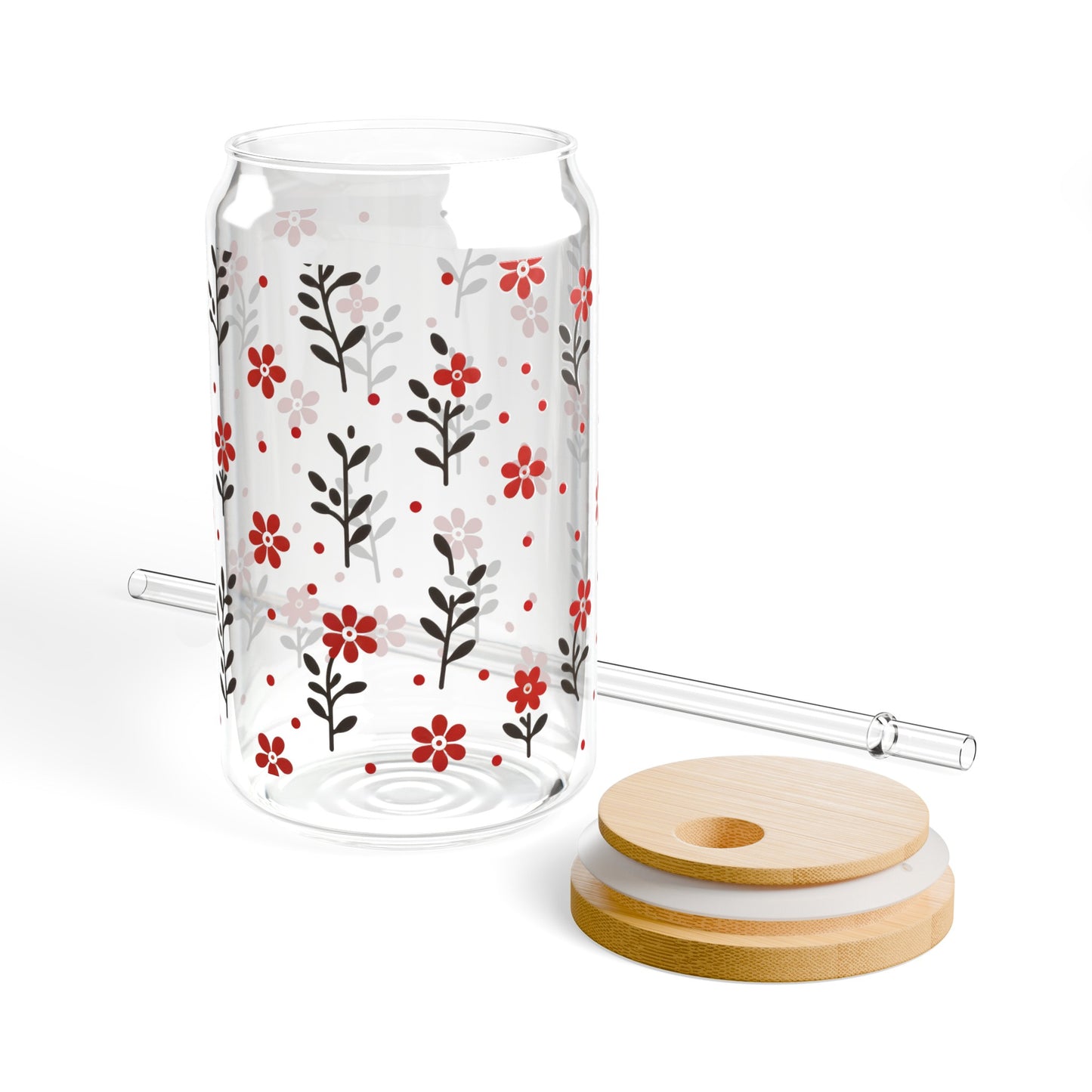 Floral Polka Dots in Red Sipper Glass, 16oz