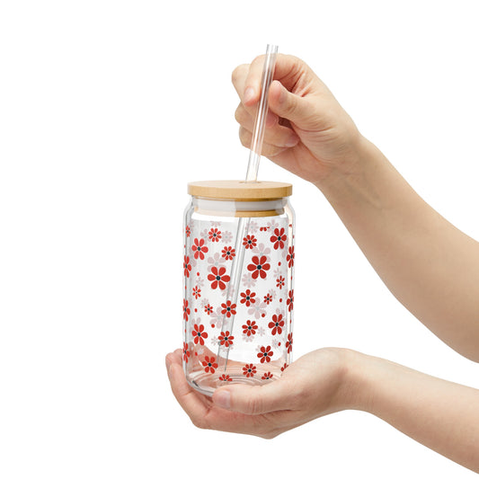 Floral Polka Dots in Red Blossoms Sipper Glass, 16oz