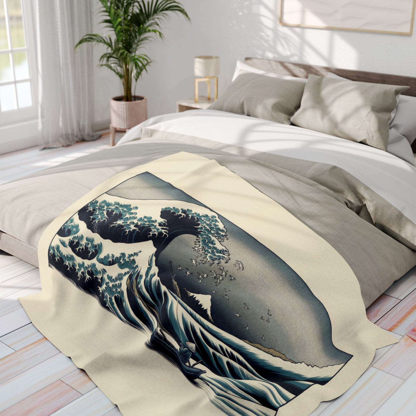 Hokusai Great Wave with Fisherman - Arctic Fleece Blanket 50"x60"