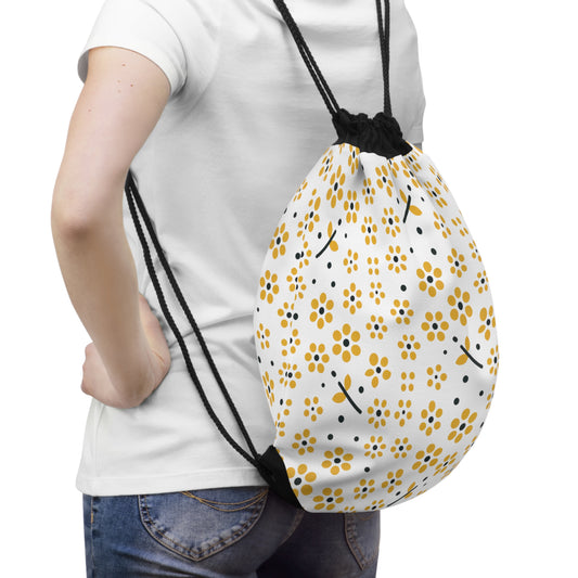 Floral Polka Dots in Yellow Drawstring Bag