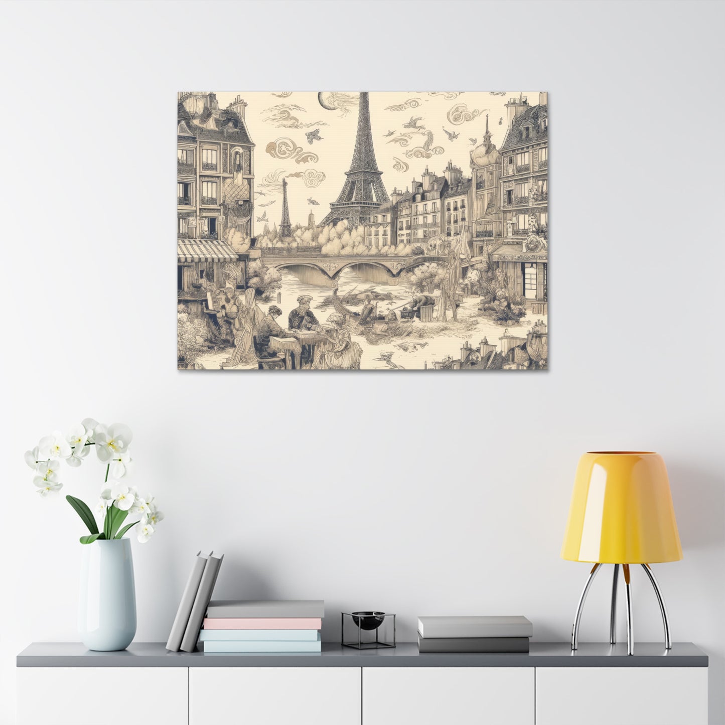 Paris France Toile de Jouy Art on Canvas Stretched: 12"x8", 24"x16, 40"x30" Sizes