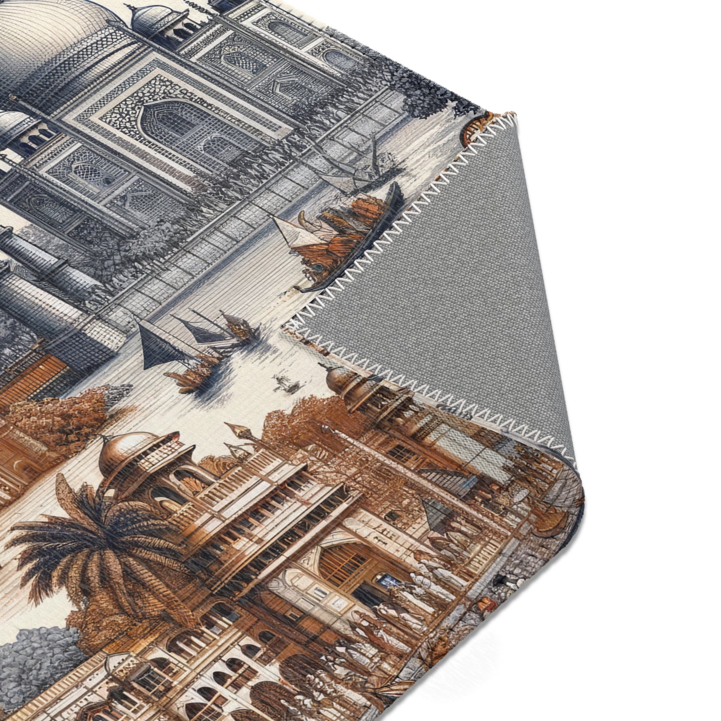 Mumbai and Taj Mahal India - Toile de Jouy - Area Rug - Sink Mat - Welcome Mat - 24x36 inches