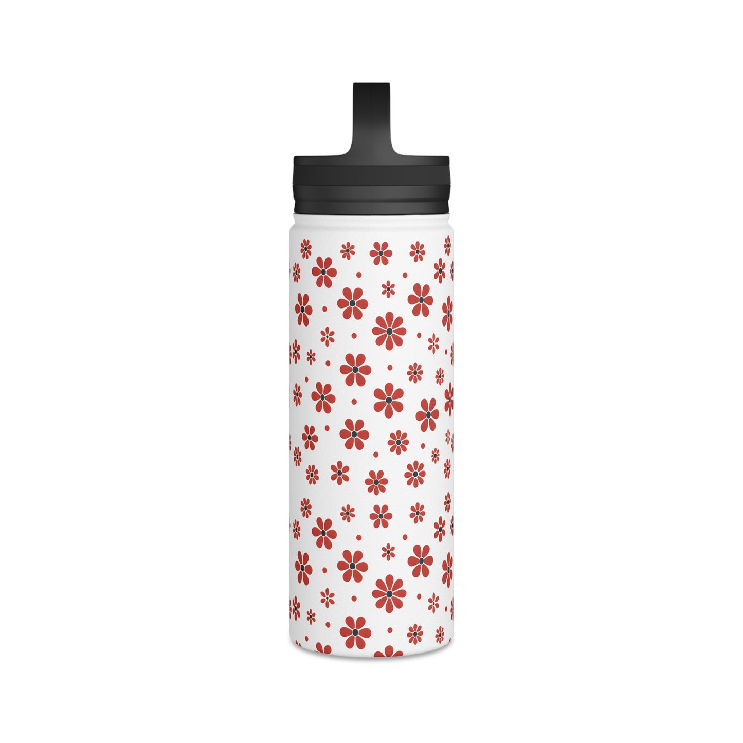 Floral Polka Dots in Red Blossoms - Steel Water Bottle Tumbler, Handle Lid