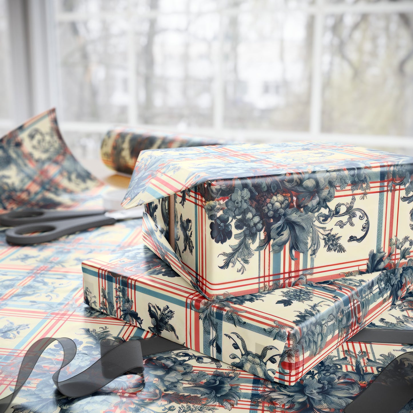 French Provincial in Red and Blue in Plaid Wrapping Paper 30"x 72"