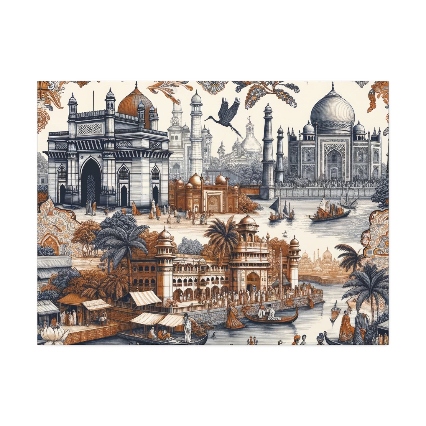 Mumbai and Taj Mahal India Art on Canvas Stretched: 12"x8", 24"x16, 40"x30" Sizes