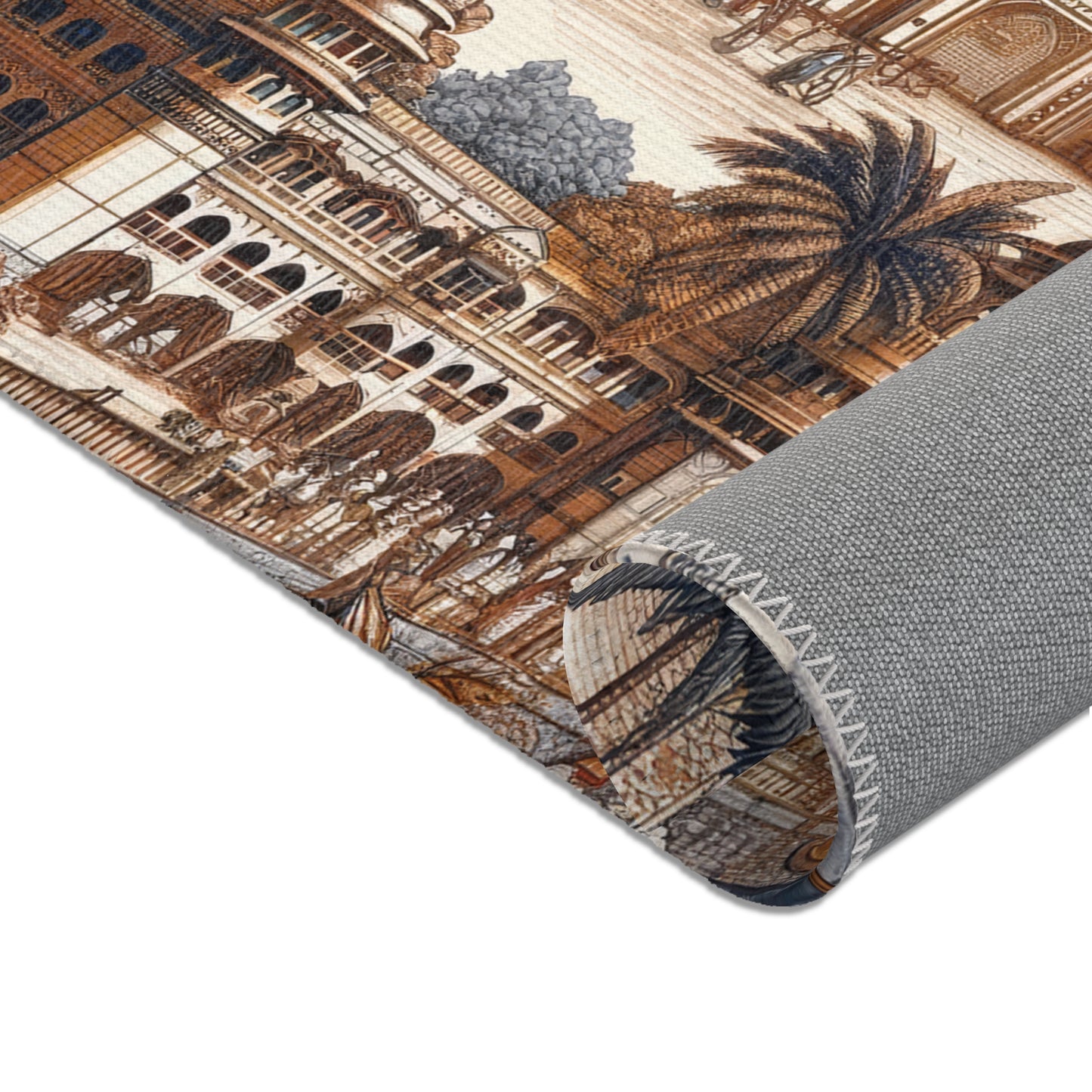 Mumbai and Taj Mahal India - Toile de Jouy - Area Rug - Sink Mat - Welcome Mat - 24x36 inches