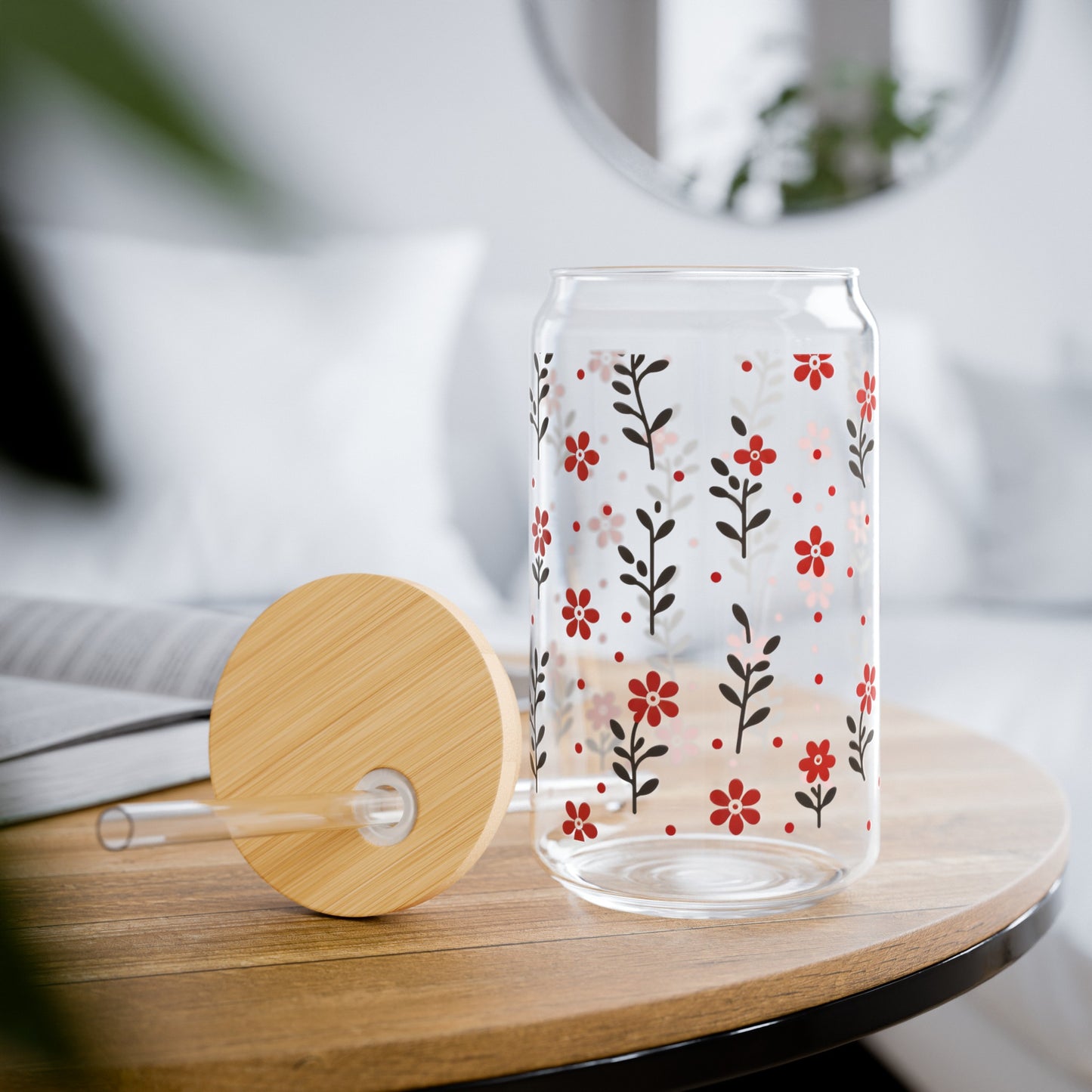 Floral Polka Dots in Red Sipper Glass, 16oz