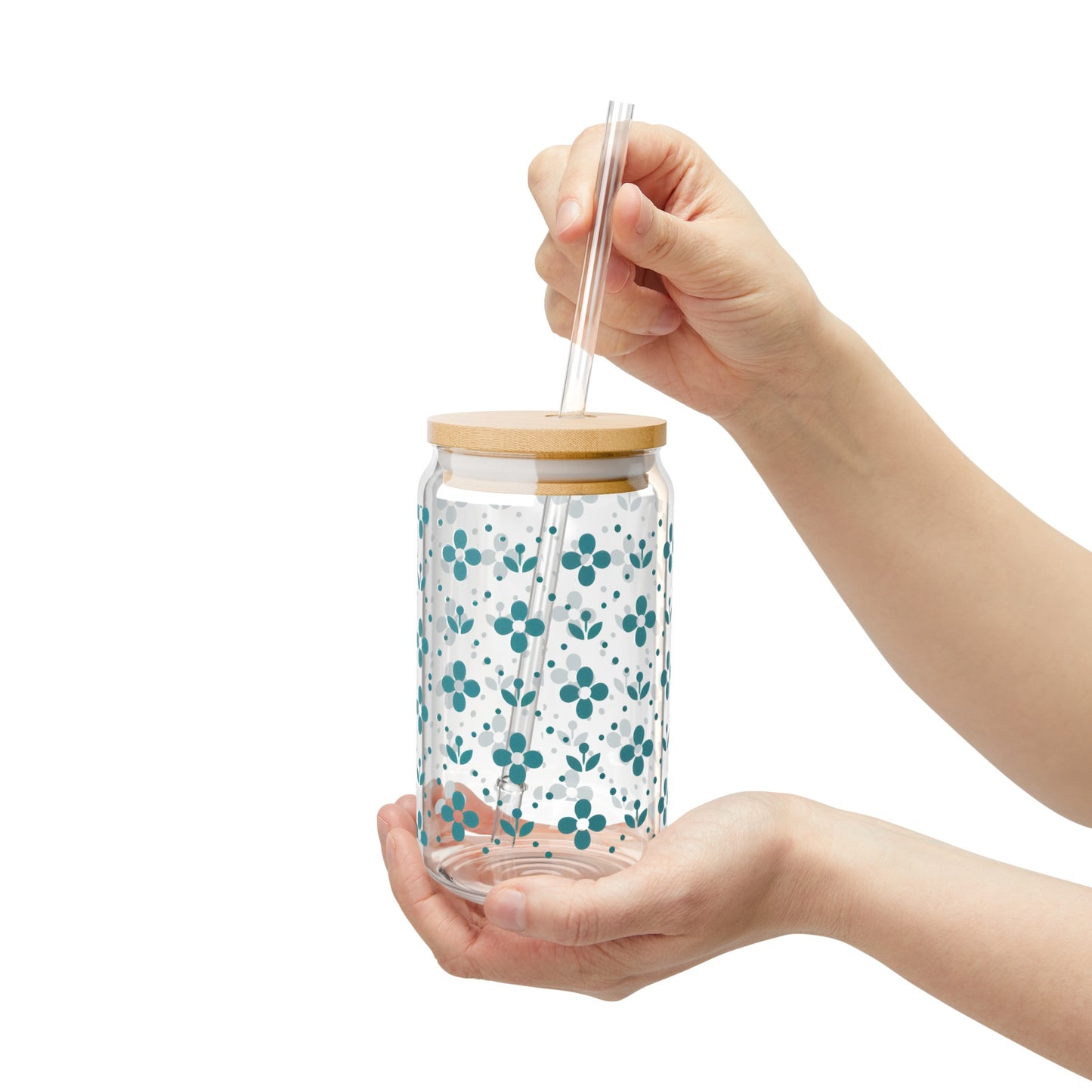 Floral Polka Dots in Turquoise Sipper Glass, 16oz