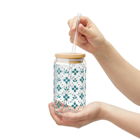 Floral Polka Dots in Turquoise Sipper Glass, 16oz