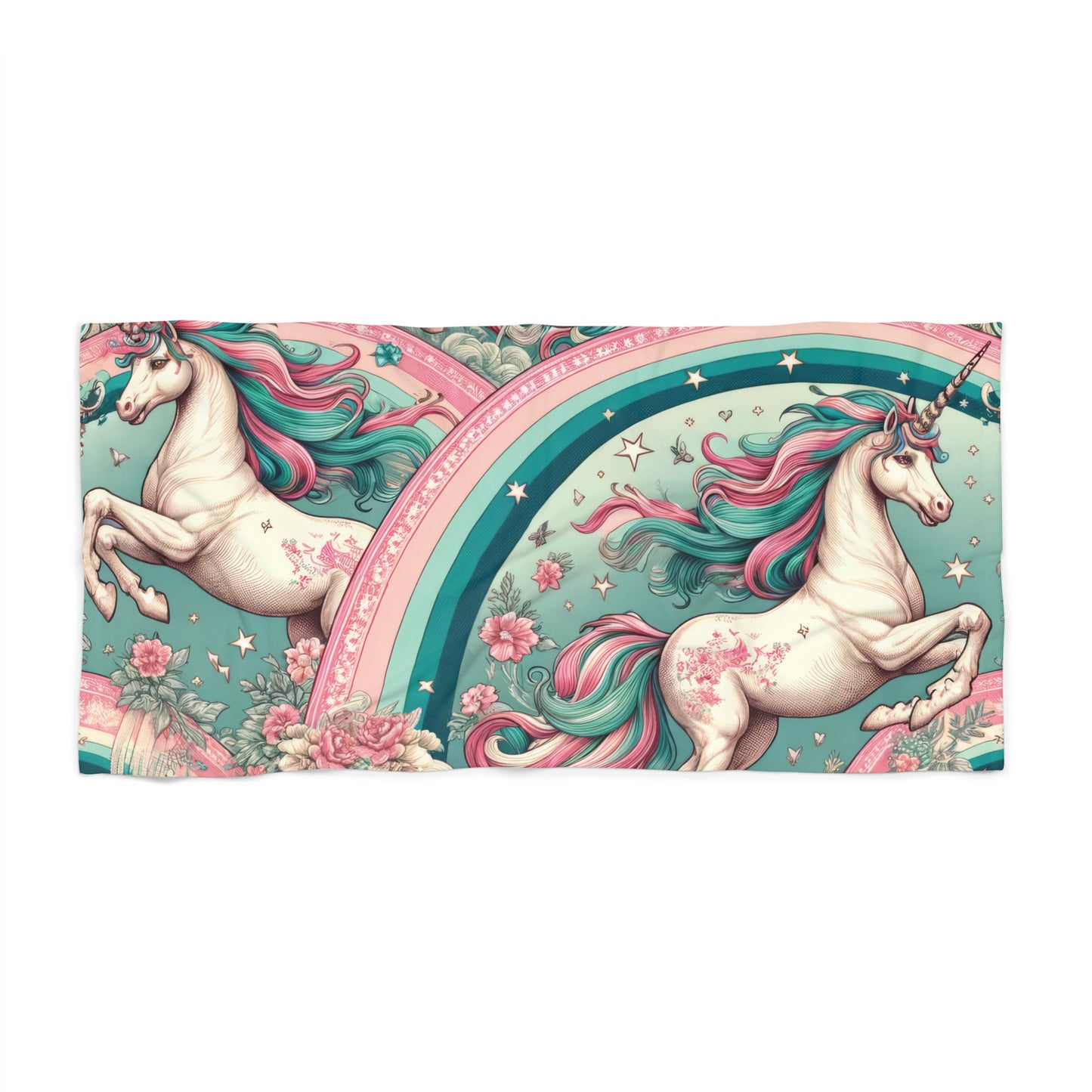 Unicorns and Rainbows in Toile de Jouy - Beach Towel #beachtowel #summertime  #towels #rainbow #unicorn