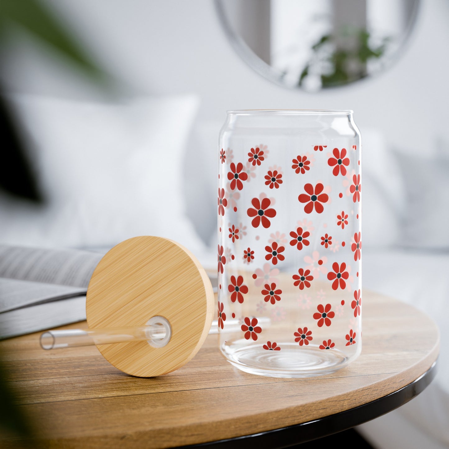 Floral Polka Dots in Red Blossoms Sipper Glass, 16oz