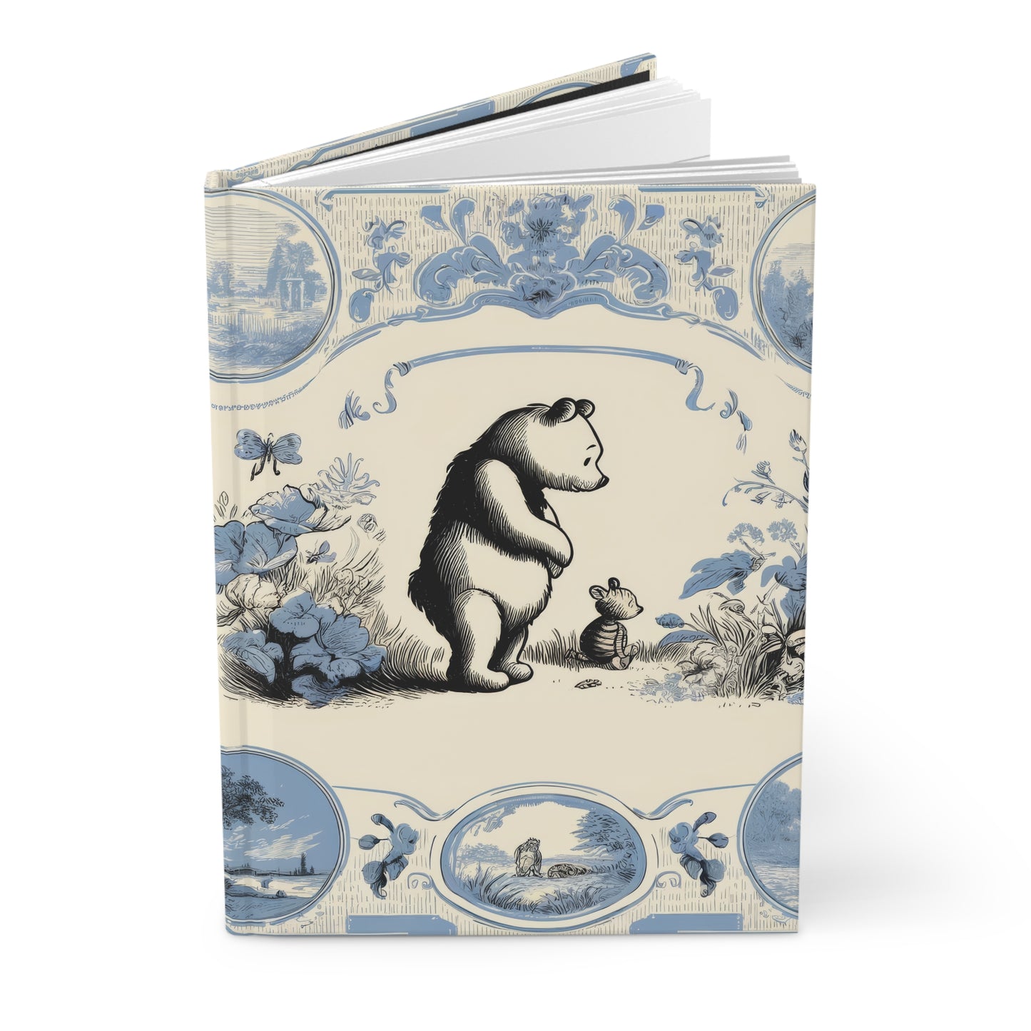 Winnie the Pooh and Roo Looking at Flowers in Toile de Jouy - Hardcover Journal Notebook Matte