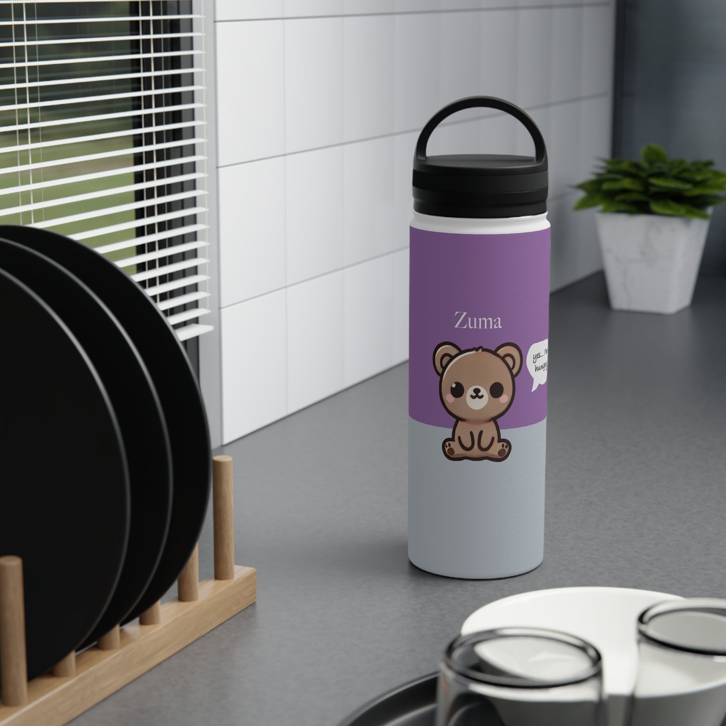 Zuma the Bear - Kawaii Designs - Steel Water Bottle Tumbler, Handle Lid