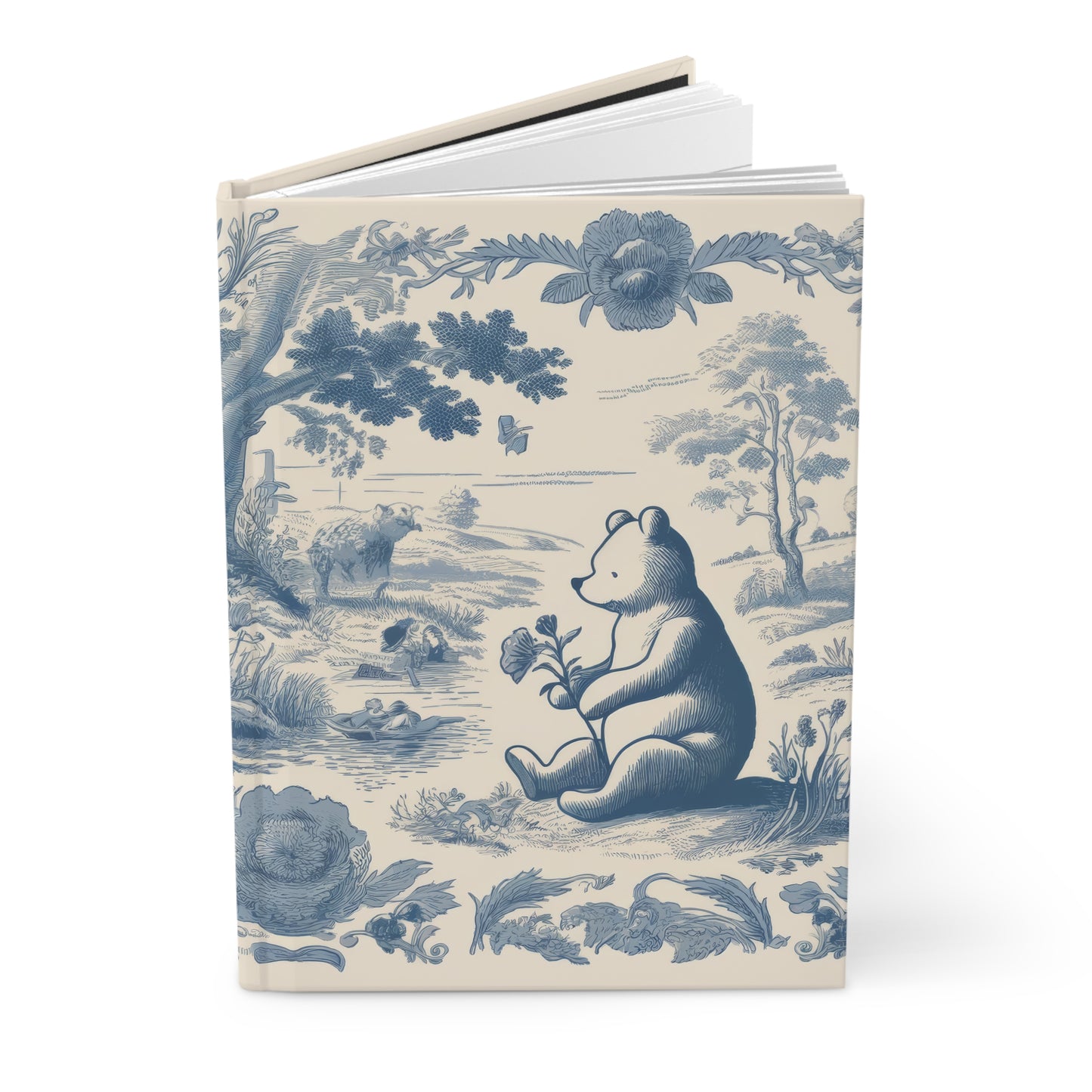 Winnie the Pooh Smelling the Flowers in Toile de Jouy - Hardcover Journal Notebook Matte