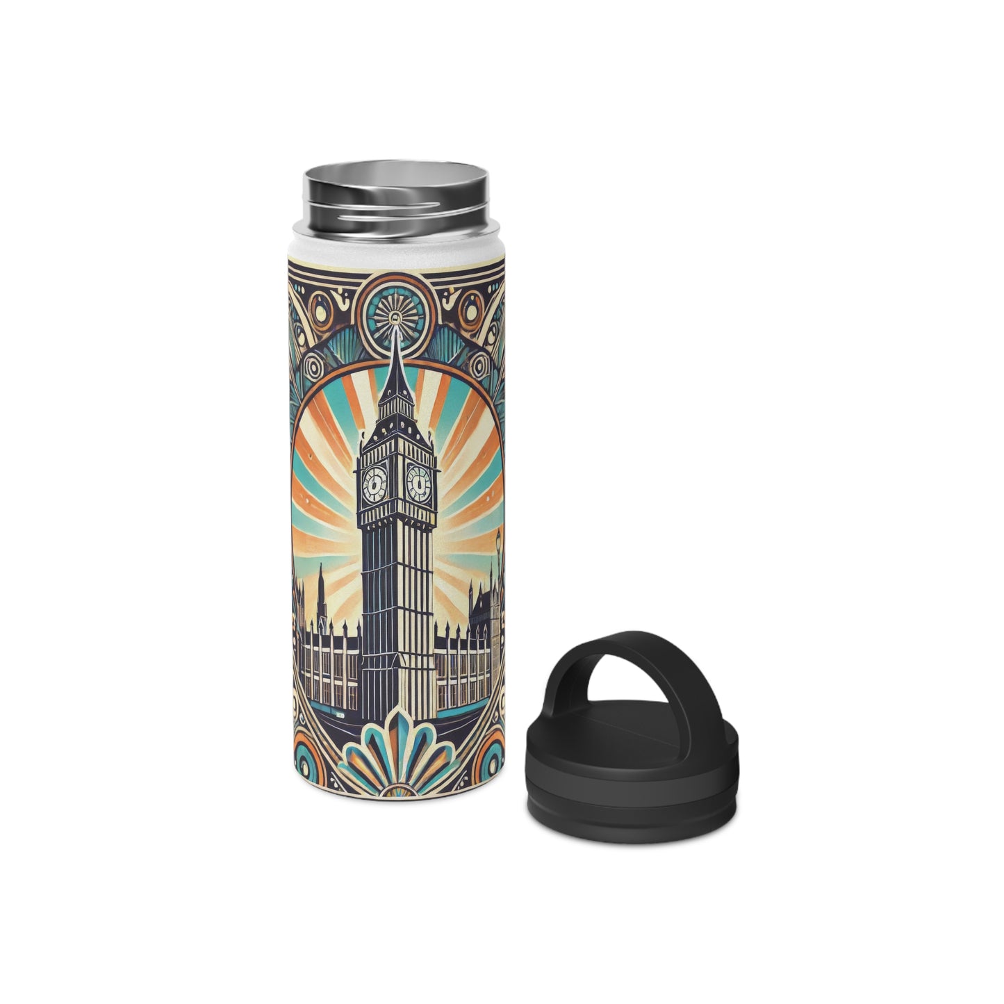 London Big Ben in Art Deco - Steel Water Bottle Tumbler, Handle Lid