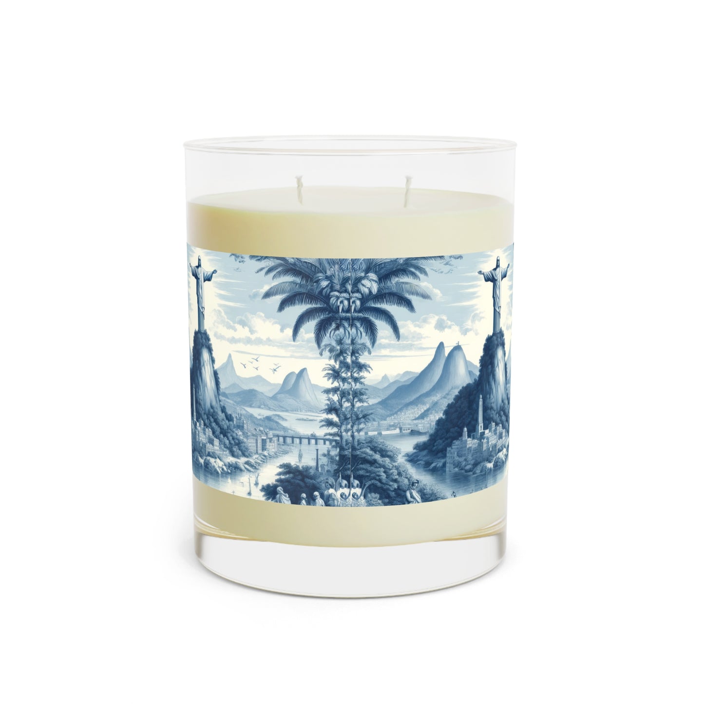 Rio de Janeiro Christ the Redeemer in Toile de Jouy Scented Candle - Premium Design Printed On 11oz Glass, Not a Sticker Label