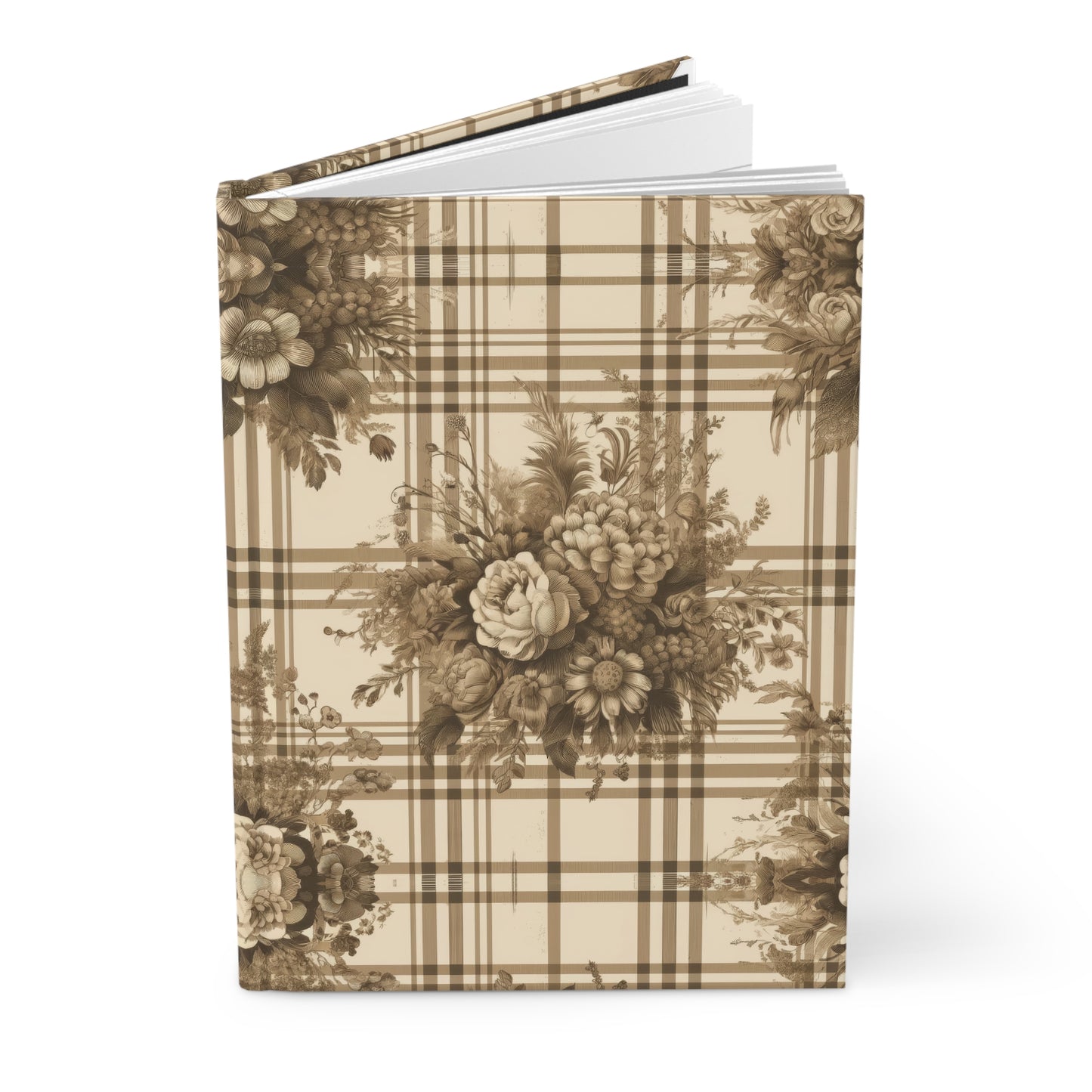 Bouquet Toile de Jouy in Brown Plaid Hardcover Journal Matte