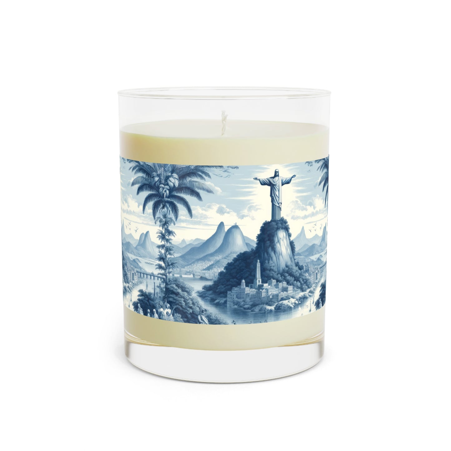 Rio de Janeiro Christ the Redeemer in Toile de Jouy Scented Candle - Premium Design Printed On 11oz Glass, Not a Sticker Label