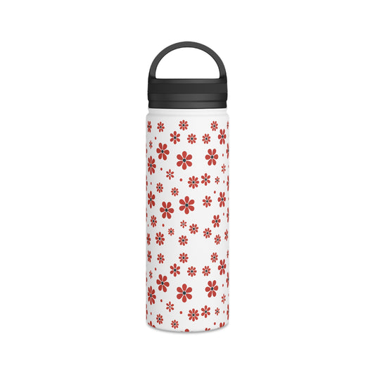 Floral Polka Dots in Red Blossoms - Steel Water Bottle Tumbler, Handle Lid